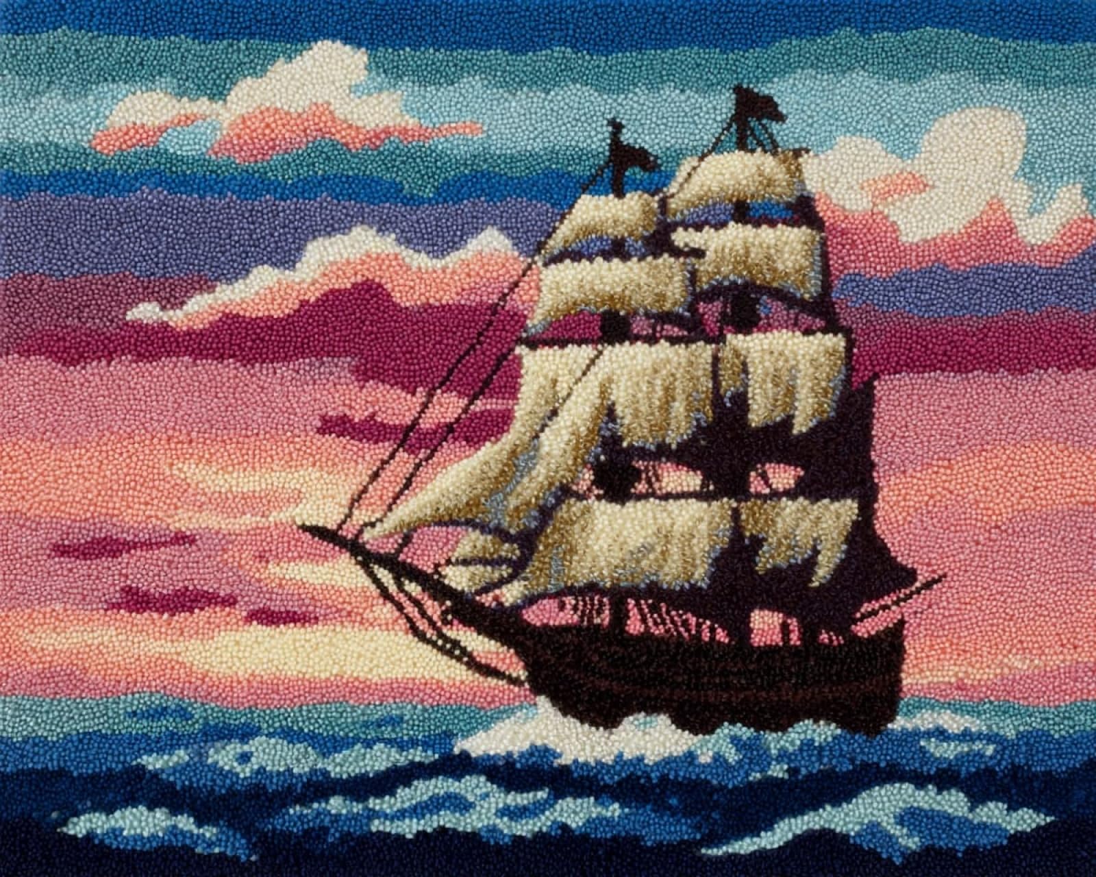Wallphantom Latch Hook Rug Kits for Adults Beginners,Ships at sea,Latch Hook Kits for Bedroom,Living Cushion Adult Craft Gifts,52x38cm
