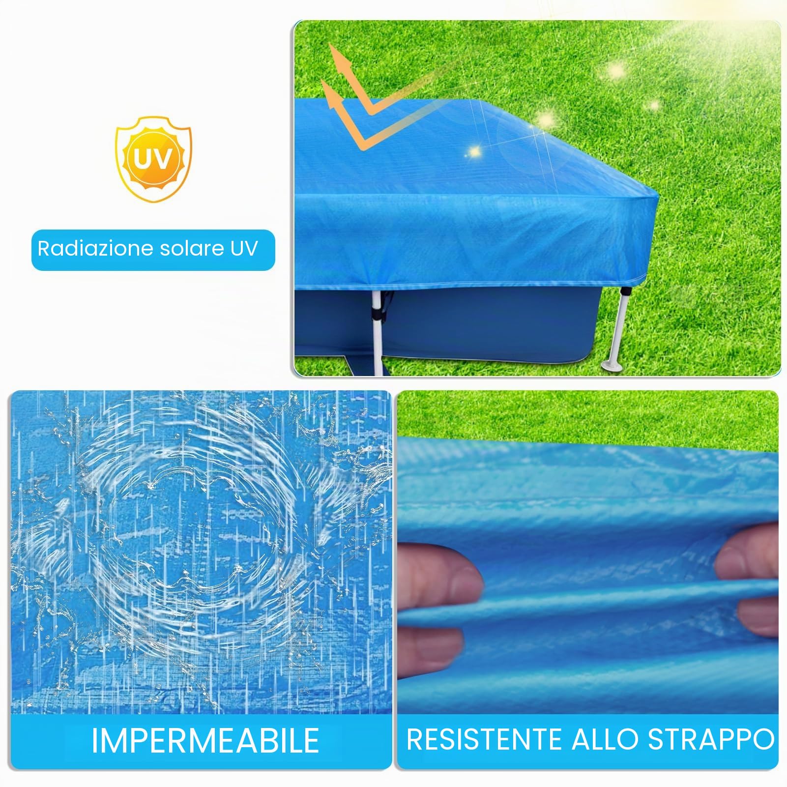 Telone per piscina rettangolare, 450 x 220 cm, rettangolare, spesso e resistente, per piscina con telaio rettangolare, antivento