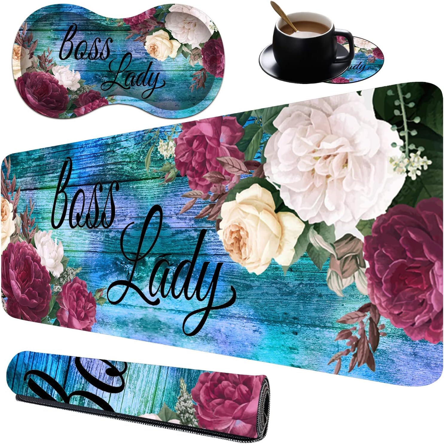Extended Game XXL Desktop Pad+Mouse Wrist Cushion+Coaster Suite, Non -Slip Rubber Base Mouse Pad and Suture Edge, Memory Foam Wrist Rest Support, Boss Lady