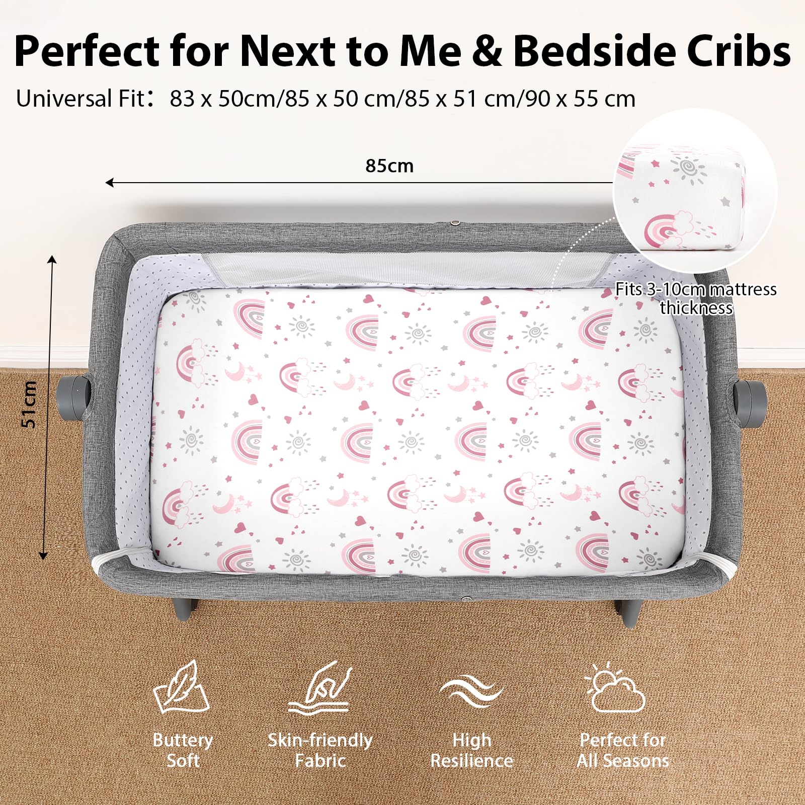 FIEMOL Next to Me Crib Sheets 85x51cm Fitted, 3 Pack Baby Cot Sheets, Ultral Soft & Silky Smooth Microfiber Bedside Crib Fitted Sheets Pink Rainbow — view 2
