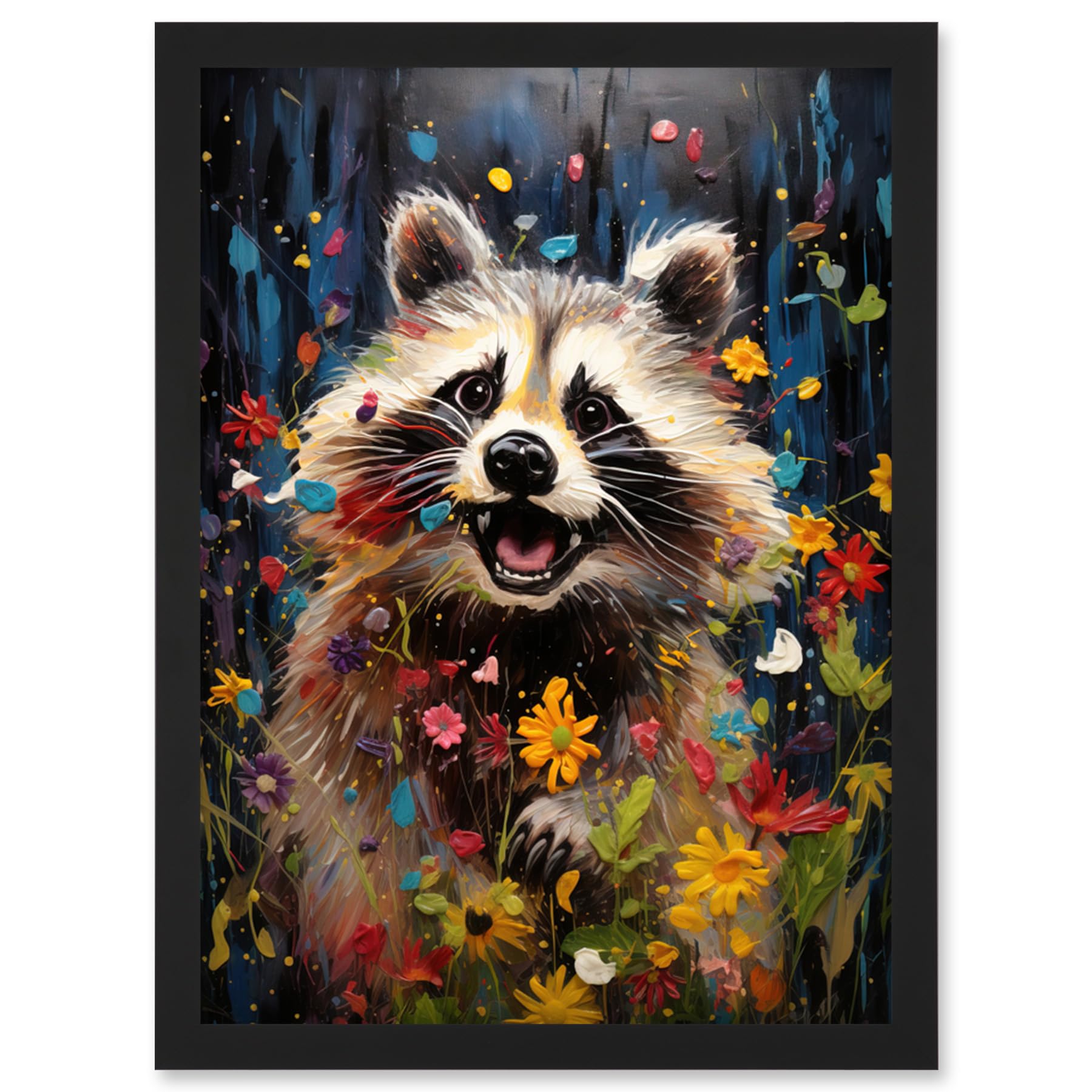 Artery8 Racoon Romp Playing in a Wildflower Meadow Oil Painting Running Through Flowers in Spring Quirky Portrait Artwork Framed Wall Art Print A4