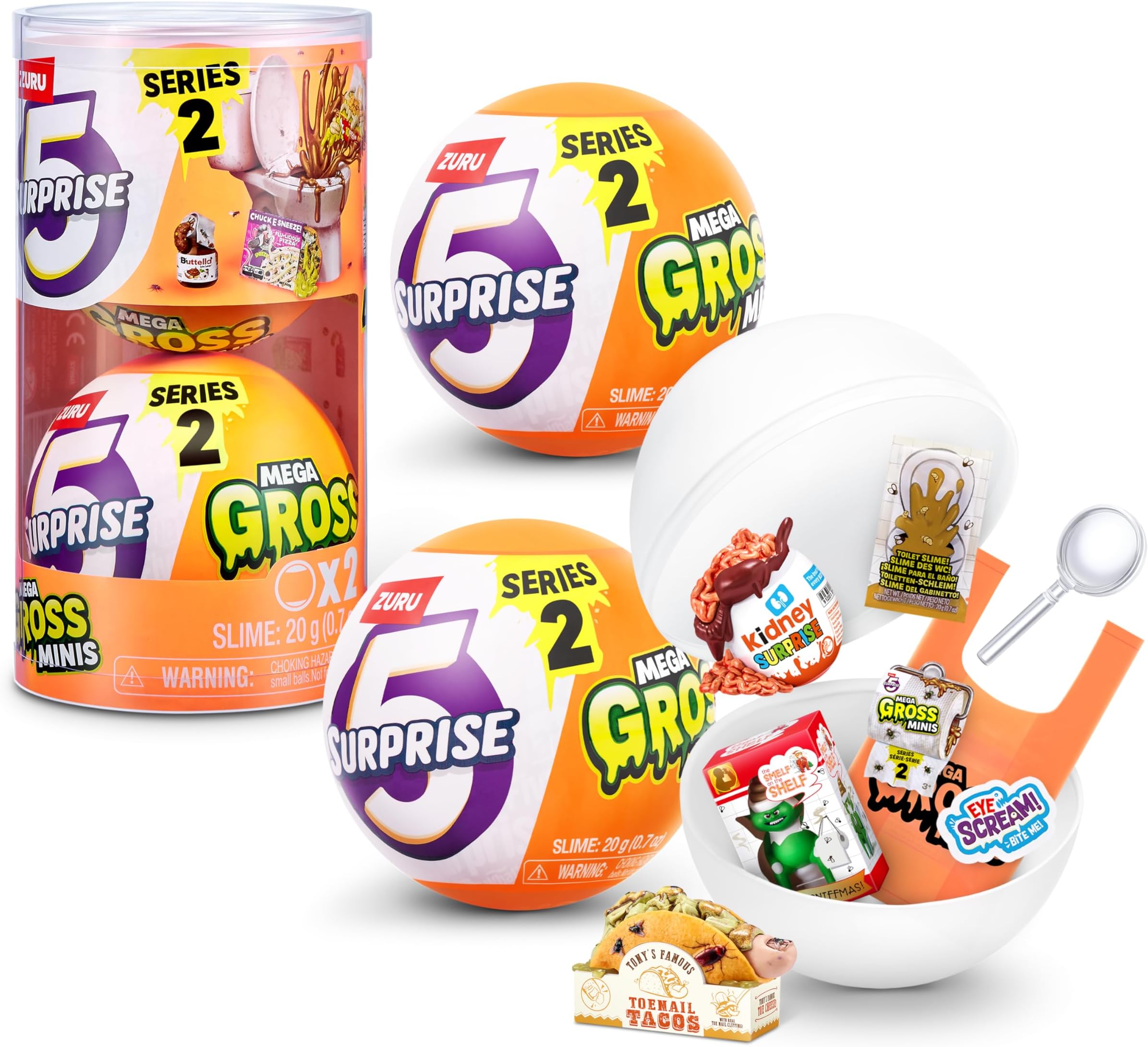 5 Surprise Mega Gross Minis Series 2 (2 Pack) by ZURU Boys, Mystery, Collectible, Mini, Parody, Slime
