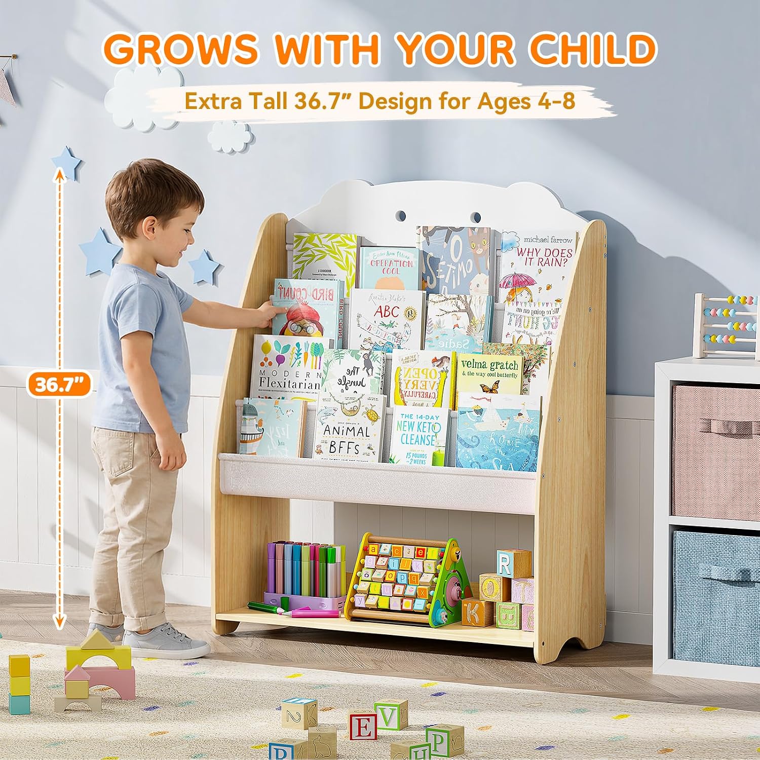 APEXCHASER Kids Bookshelf,Montessori Front-Facing Book & Toy Storage Wood