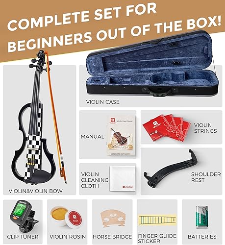 Vista 14 de Vangoa Violín eléctrico, kit de violín eléctrico silencioso 4/4 para principiantes, adultos, adolescentes, juego de inicio de violín eléctrico