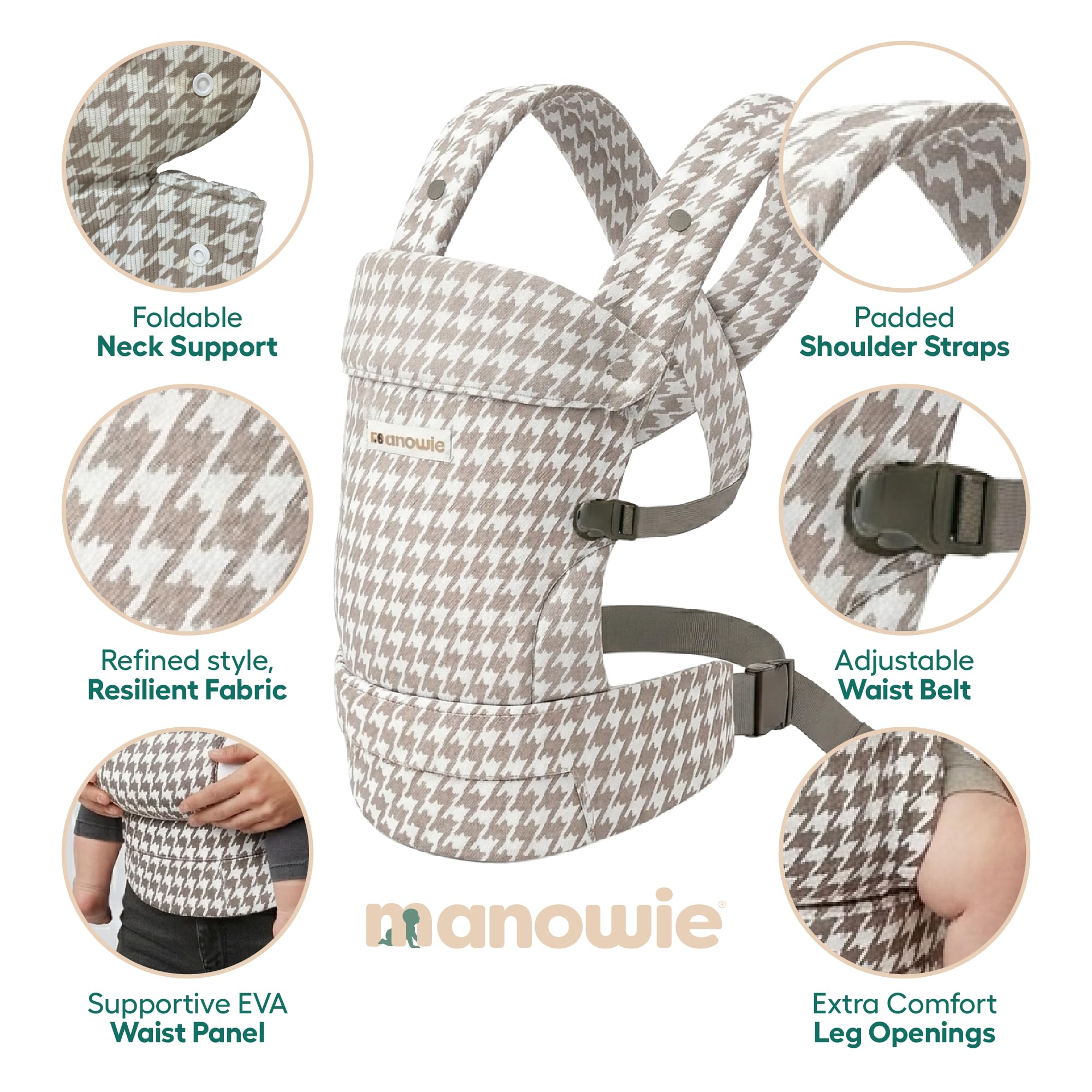 Baby Carrier - Forward & Back Facing Multi Position, 3 Months Plus Babies & Toddlers, Ergonomic & Supportive Waist Design, Adjustable Straps, Supports 7–44 lbs (3.2–20 kg) - Cream Dogtooth - 3