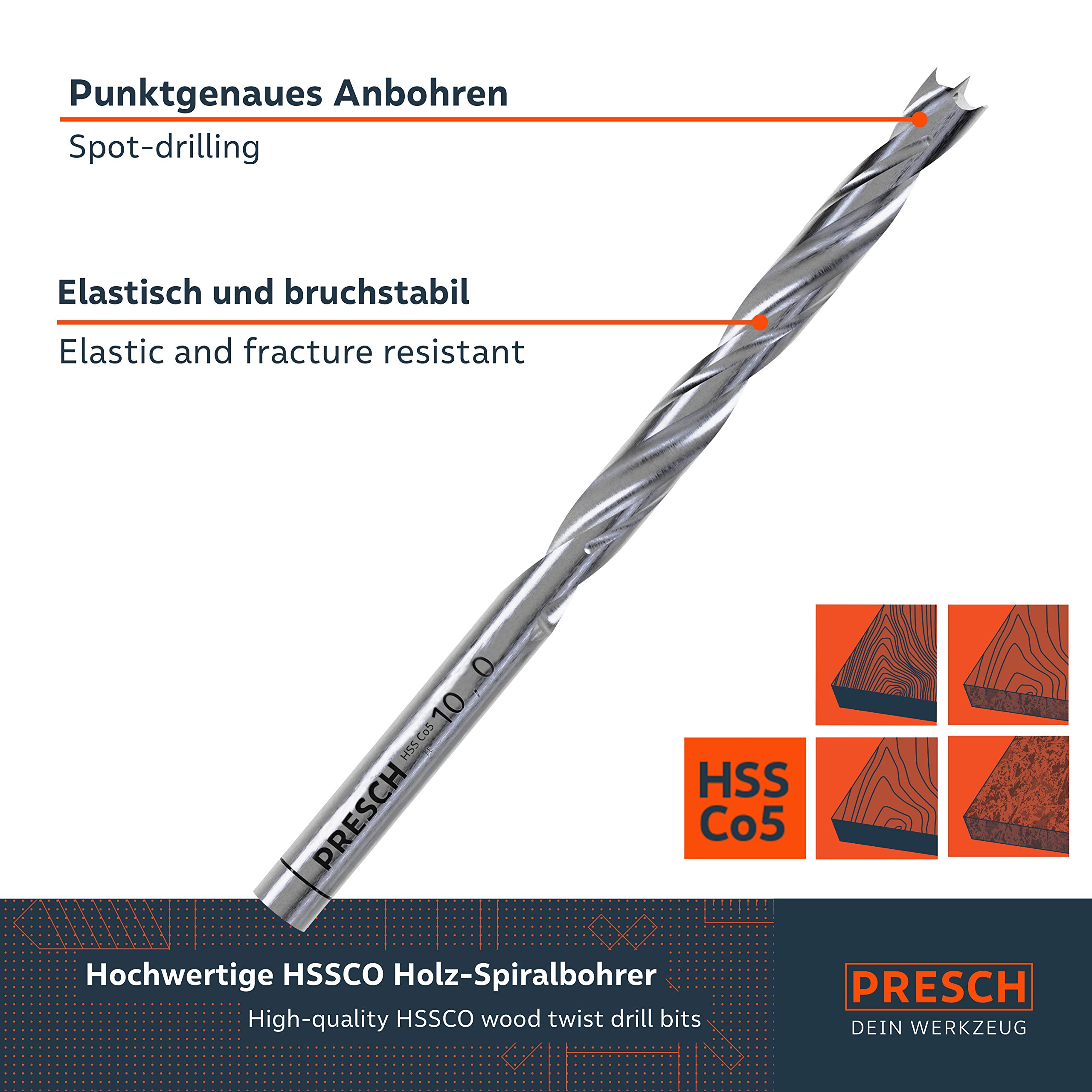 Presch Brocas Madera de HSS Cobalto 8 pzas. - Juego Brocas Profesional en Espiral con Aleación de Cobalto para Todo Tipo de Madera - Brocas Ø 3-10mm