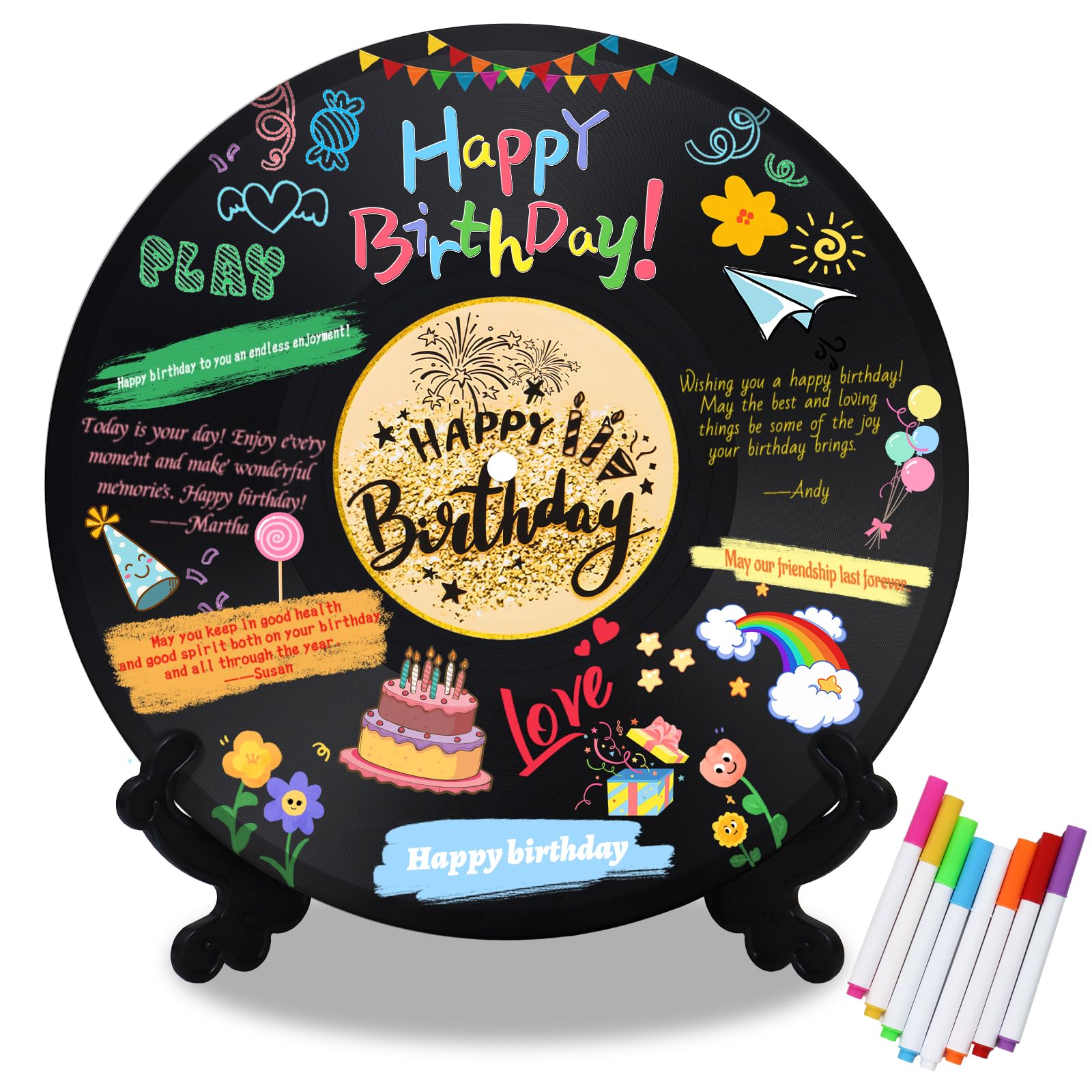 DEMIUKO Birthday Decorations Black Vinyl Record Party Table Decoration Happy Birthday Card Disco Music Party Write-on Guest Book Alternative Personalised Gifts for Boys Girls Friends