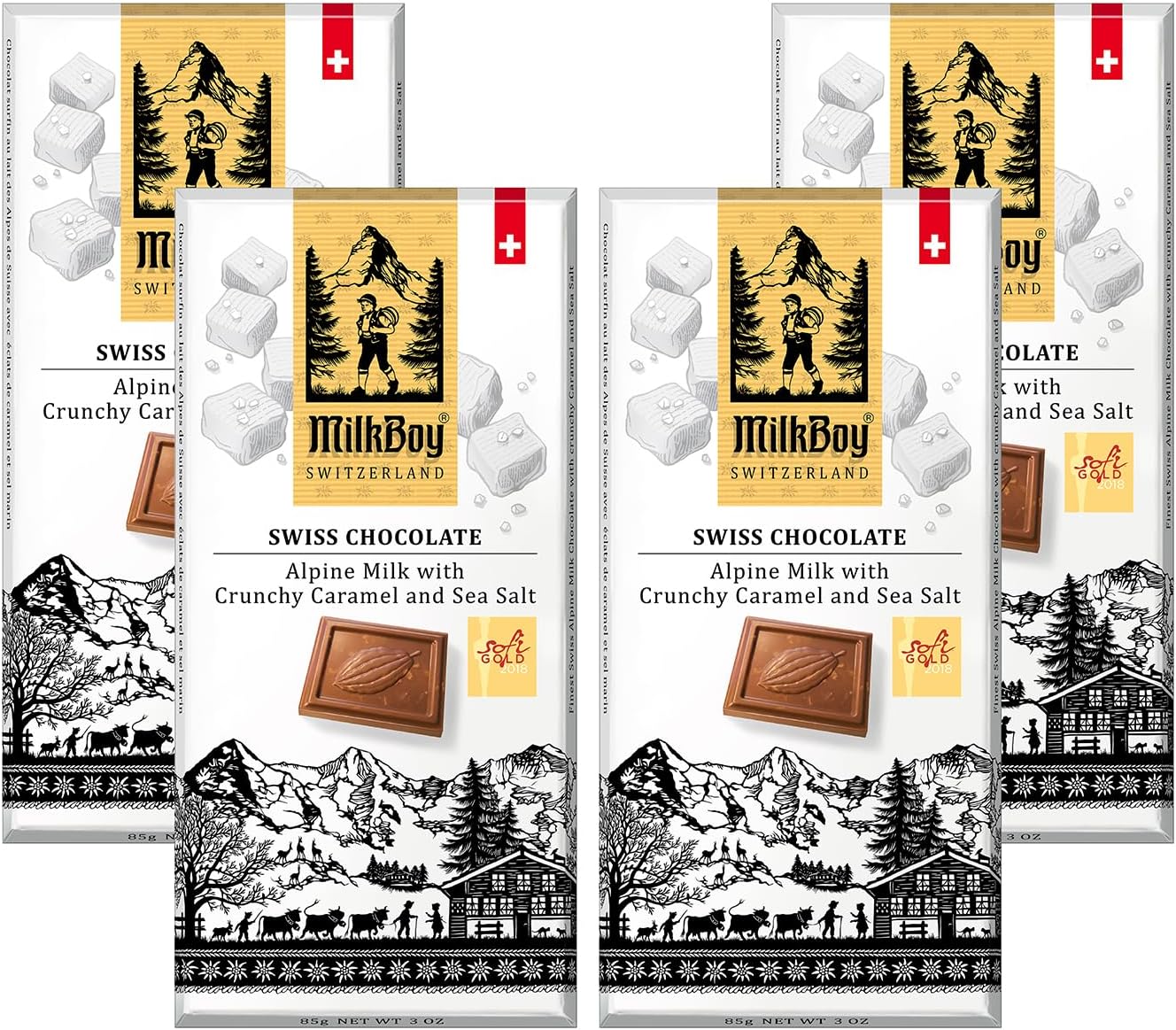 Milk Chocolates - Alpine Milk Chocolate Bars with Crunchy Caramel Sea Salt - Gluten-Free Non-GMO All Natural - Made in Switzerland - 3 oz, Pack 4