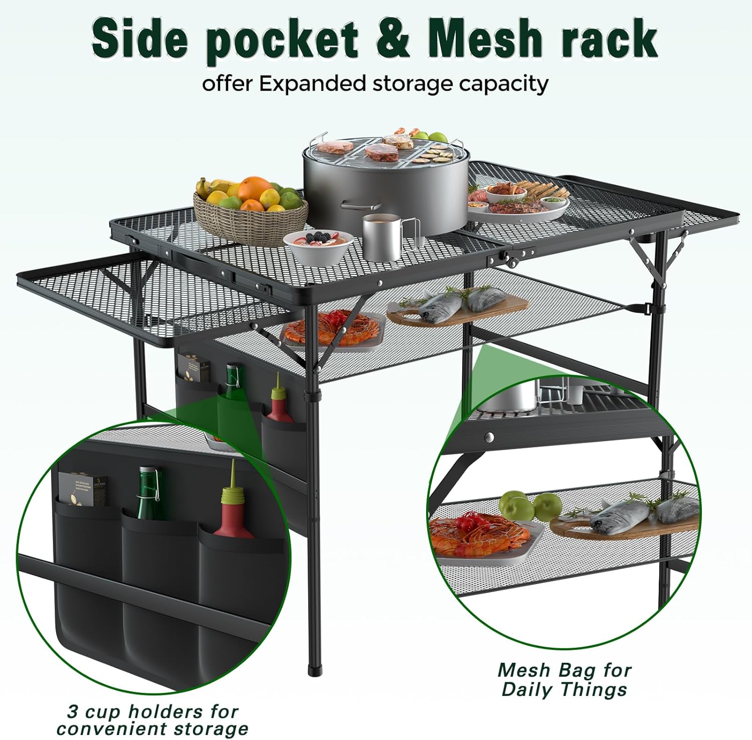 Folding Table, 3x2 FT Camping Table with 2 Wing Panels and Mesh Bag, Portable Picnic Table with Carry Handle, Heights Adjustable Outdoor Grill Table for Garden Patio Yard BBQ
