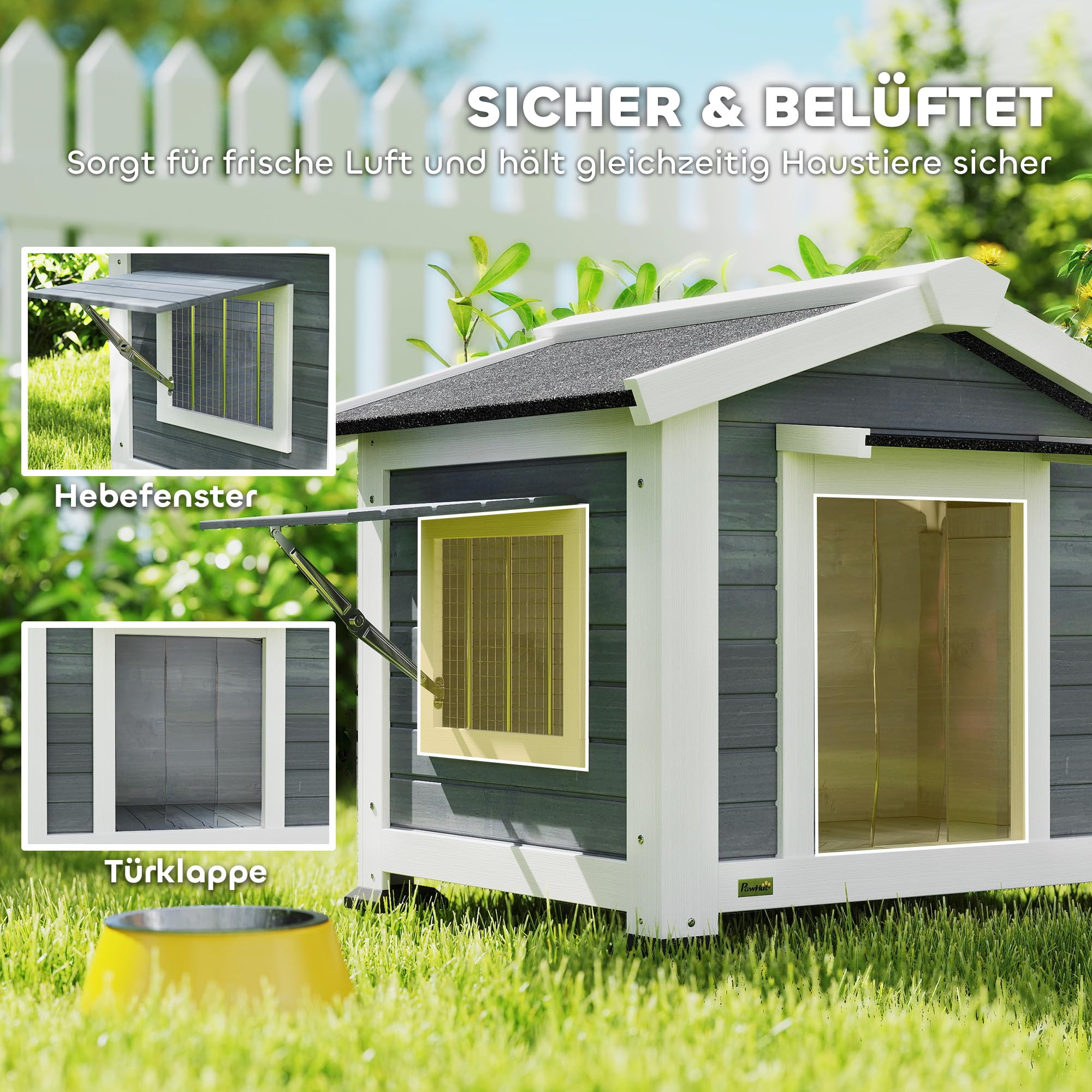 PawHut Hundehütte Wetterfest für Mittelgroße Hunde 98 x 76 x 69,5 cm Grau | Hundehaus aus Holz, Herausnehmbarer Boden, Asphaltdach, Öffnendes Fenster, Türvorhang, bis 20 kg, Indoor Outdoor
