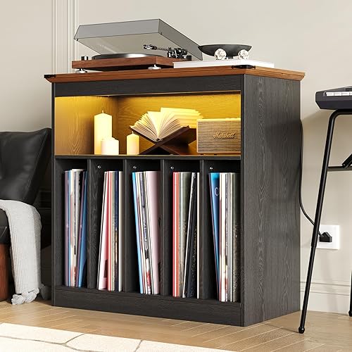 Miniatura 3 de MHOM Farmhouse - Soporte grande para tocadiscos con tomas de corriente y luces LED, soporte para discos de vinilo con capacidad para hasta 150