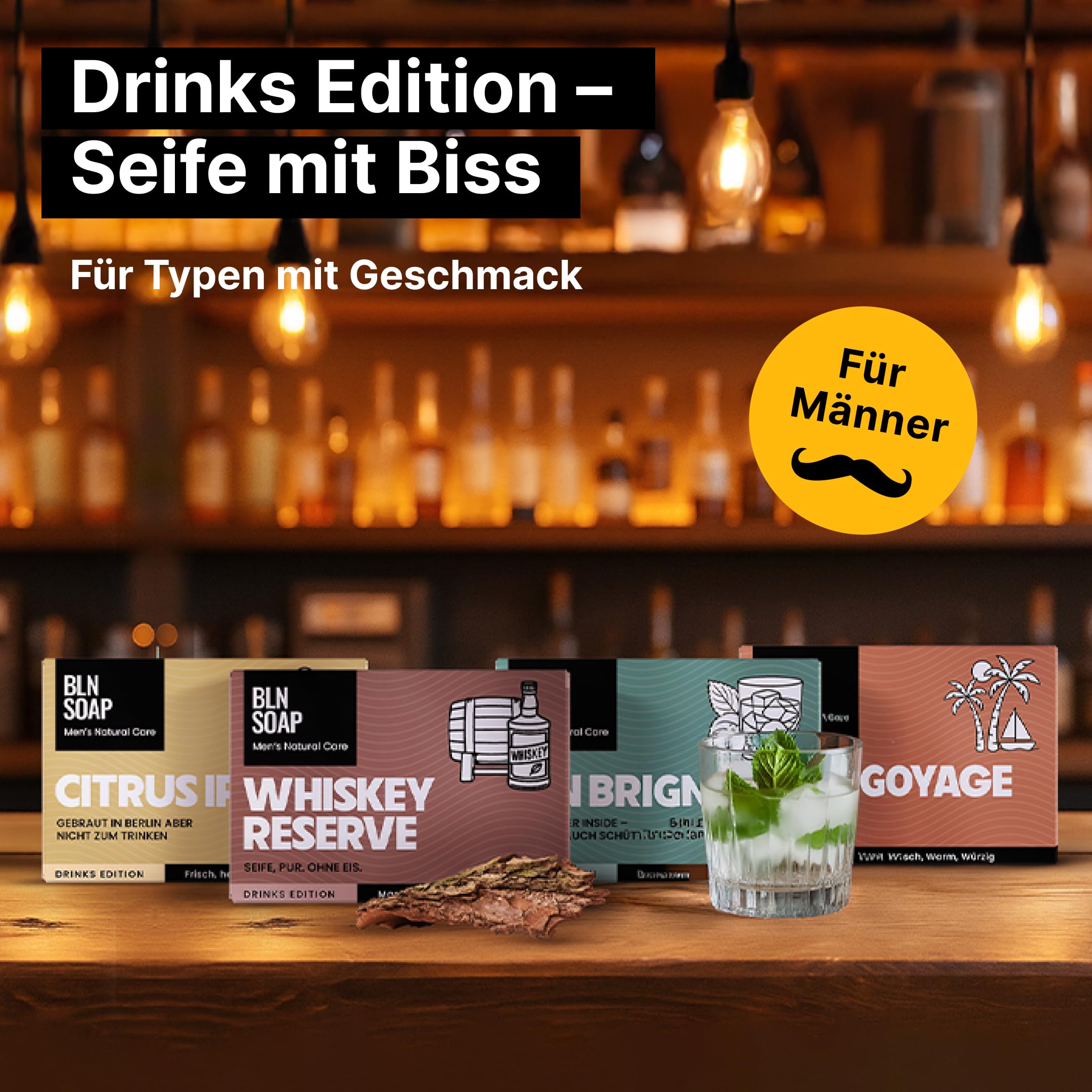 Männerseifen-Set Drinks Edition: Natürliche feste Seifen für Männer, Geschenkset Herren, 3-in-1 Duschseife für Hand, Körper und Haare, Shampoo Mann, Festes Duschgel Vegan, 4 x 135 g, BLN SOAP