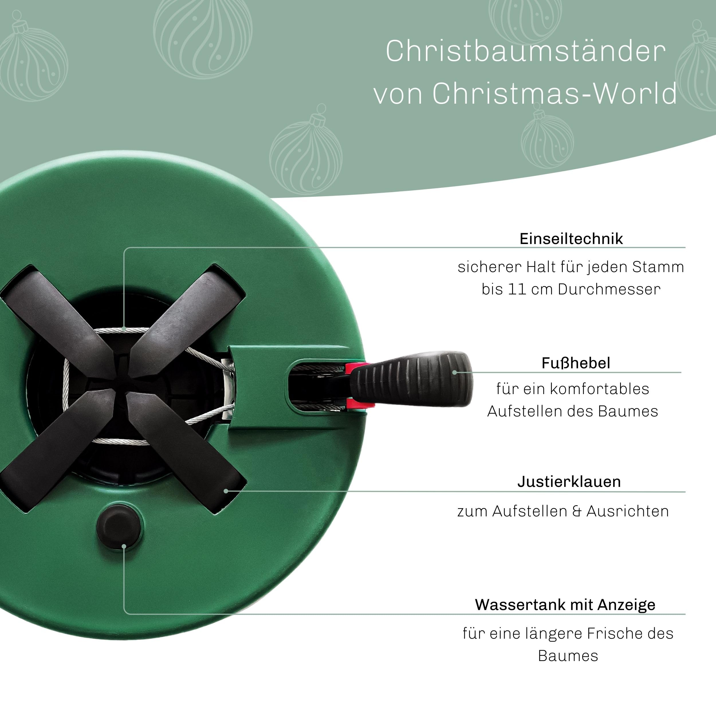 Christmas-World Christbaumständer, Modell Taunus, für Baumhöhe bis 2,25 m, Weihnachtsbaumständer Tannenbaumständer mit Fußhebelfunktion und Einseiltechnik, 2,0 Liter Wassertank, Grün