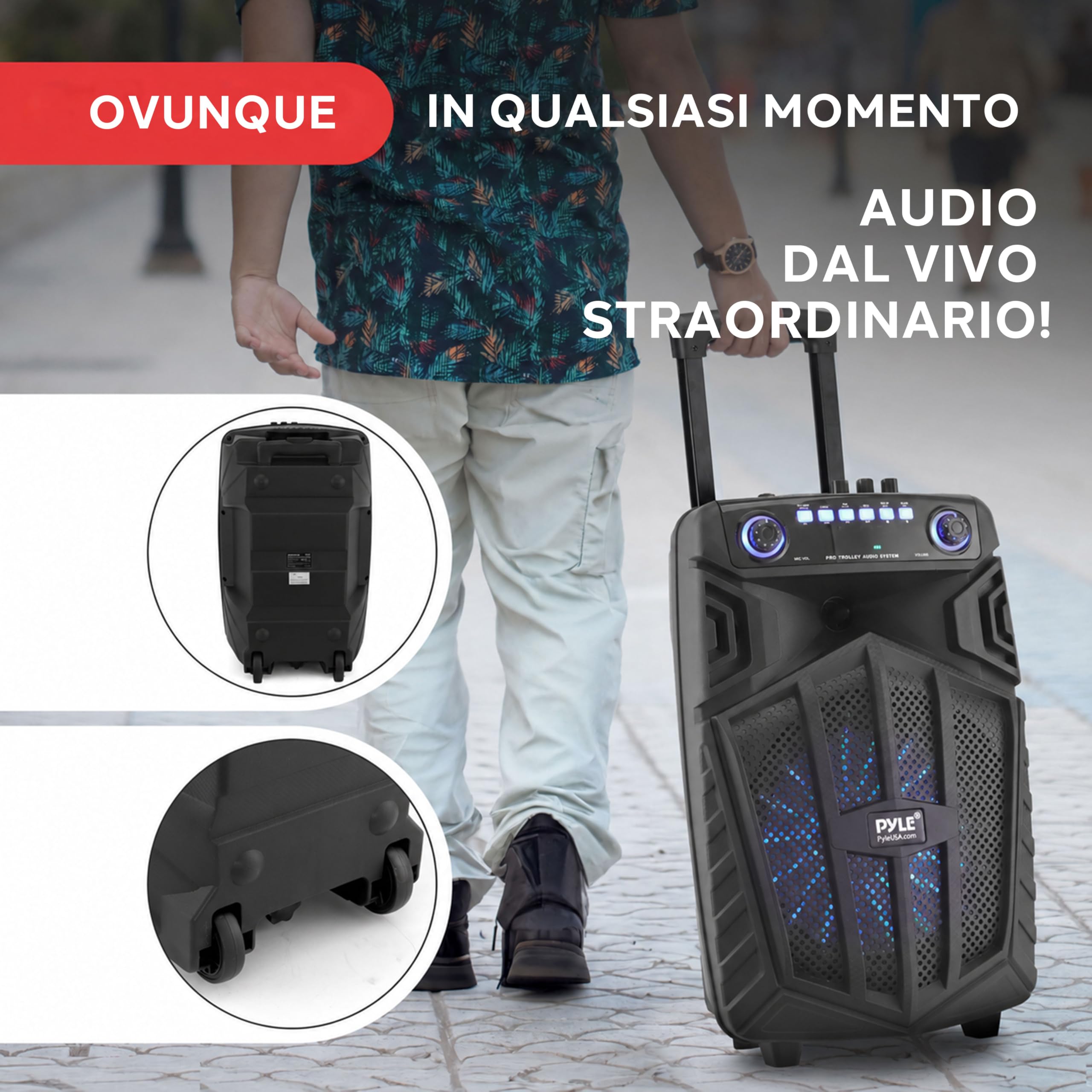 Pyle Cassa Bluetooth Portatile 680W, Altoparlante Bluetooth PA 25cm con Microfono Wireless, Ruote, TWS, Luci, Display LED, Ingresso Mic 6,5mm, FM/AUX/MP3/USB/SD
