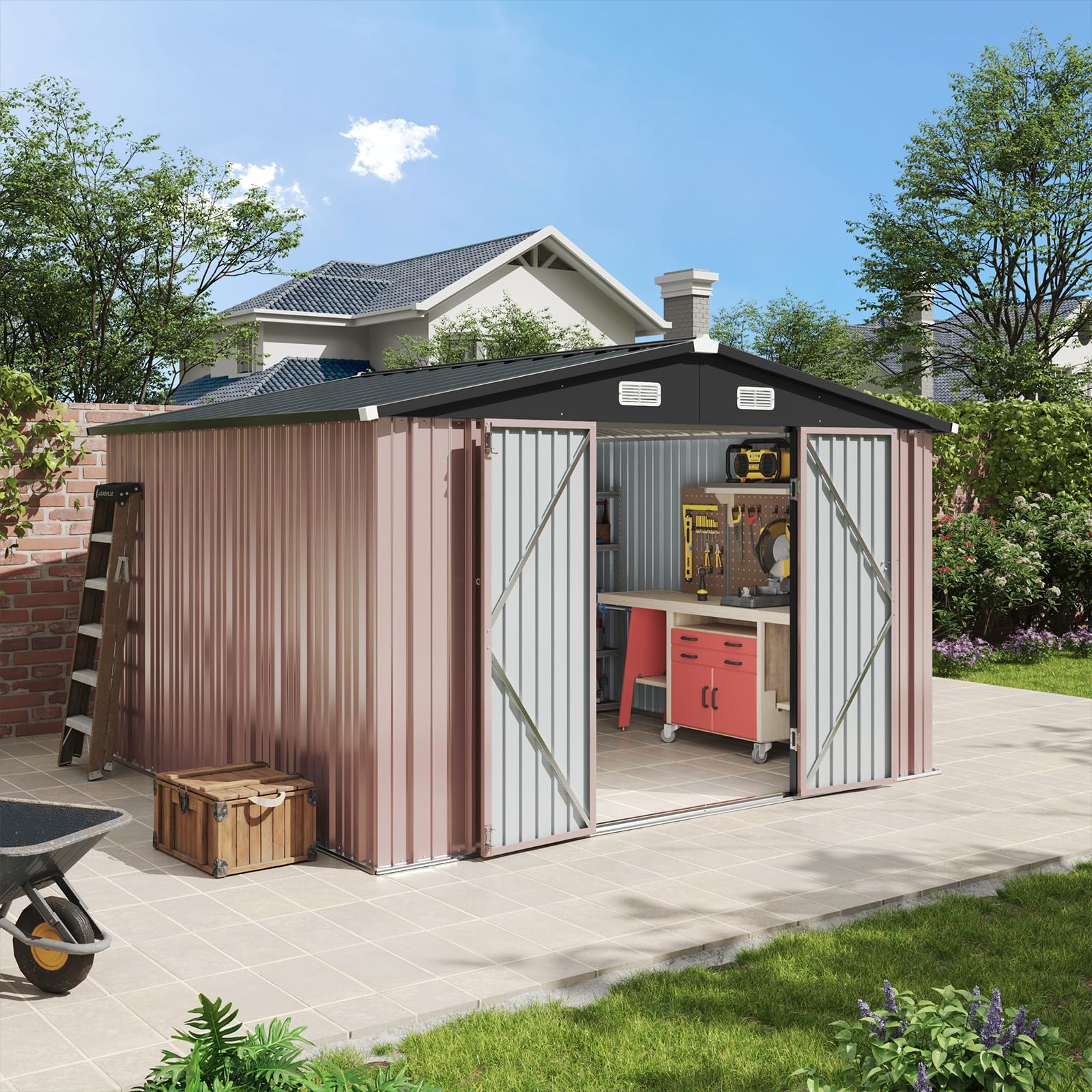 Aoxun 10x10 FT Outdoor Storage Shed Garden Metal Shed with Lockable Door Outdoor Large Shed for Tool, Garbage Can, Bike, Mower, Brown
