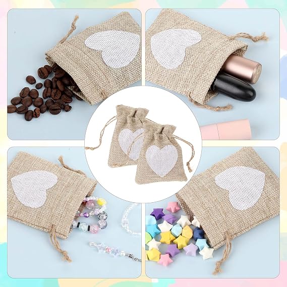 Bewudy Pack of 10 Small Bags for Filling 10 x 8 cm Jute Bags Fabric Bags with Drawstring Gift Bags with Heart Small Linen Bag Fabric Bags for Birthday Wedding Children's Party (Linen Colour)