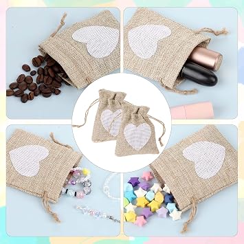 Bewudy Pack of 10 Small Bags for Filling 10 x 8 cm Jute Bags Fabric Bags with Drawstring Gift Bags with Heart Small Linen Bag Fabric Bags for Birthday Wedding Children's Party (Linen Colour)