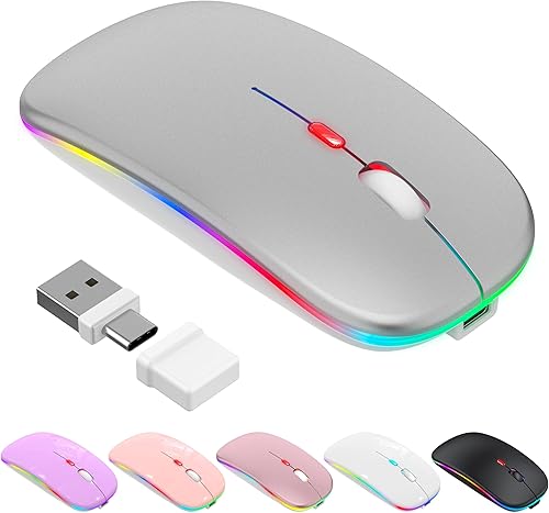 Azmall Ratón inalámbrico Bluetooth, mouse silencioso recargable LED delgado con receptor USB-AUSB-C de 2.4 GHz y adaptador tipo C, compatible con