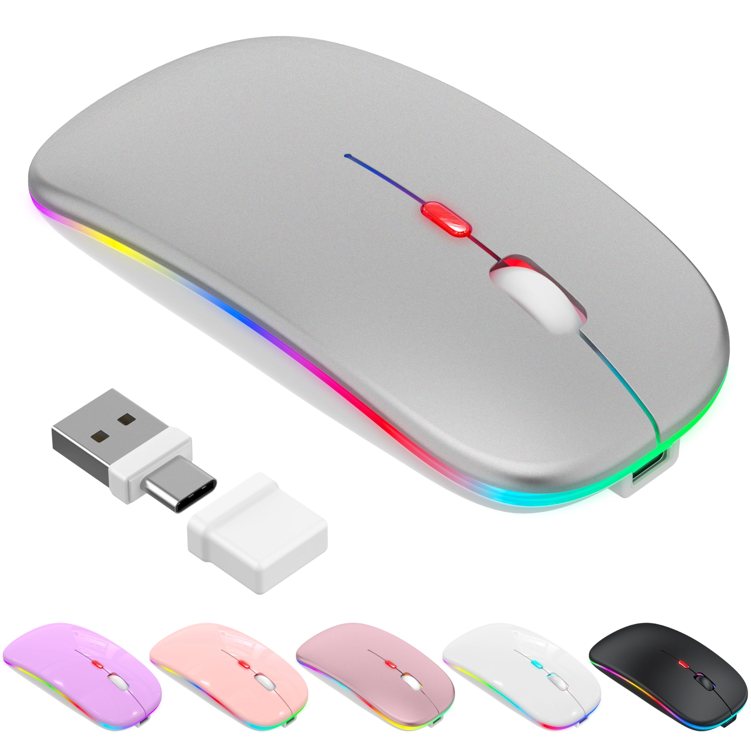 ワイヤレスマウス 2.4Gマウス 無線 Bluetooth &2.4GHz USB-A・USB-C対応 静音 光学式 薄型 Type-C充電 3段階DPI調整 ブルートゥース マウス 7色ライト ジグラーモード 持ち運び便利 MacBook/Mac/iPad/Laptop/PC/スマホ対応 (シルバー)