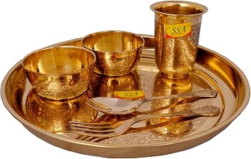 Shiv Shakti Arts Pure Brass Dinner Thali Set Serving Food, Tableware - Dinnerware Eatching Flower Design, 6 Peices - Gold