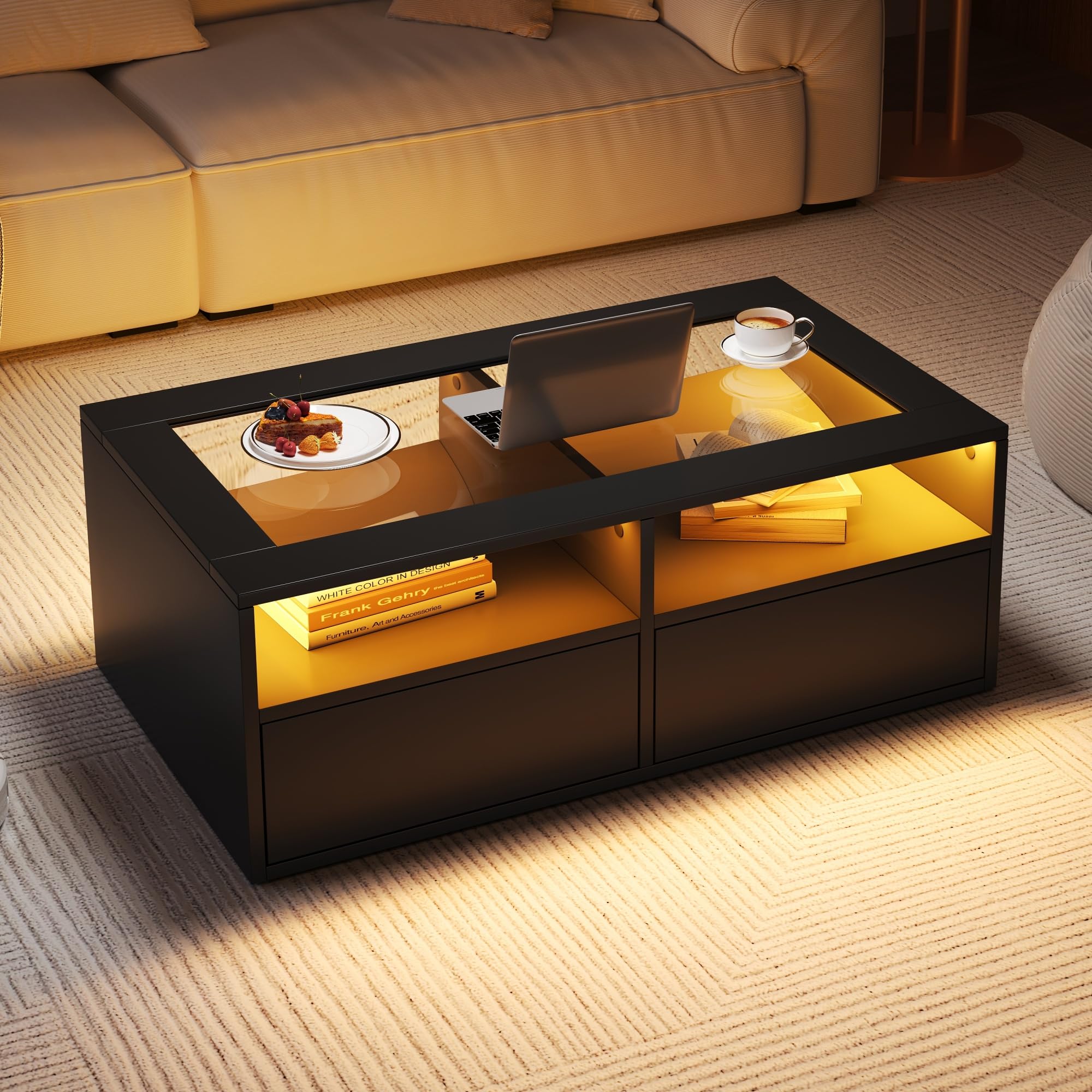 BTM Table Basse 100x50x35 cm LED, 2 Tiroirs Plateau Verre Double Couche, Rangement Ouvert Salon Noir