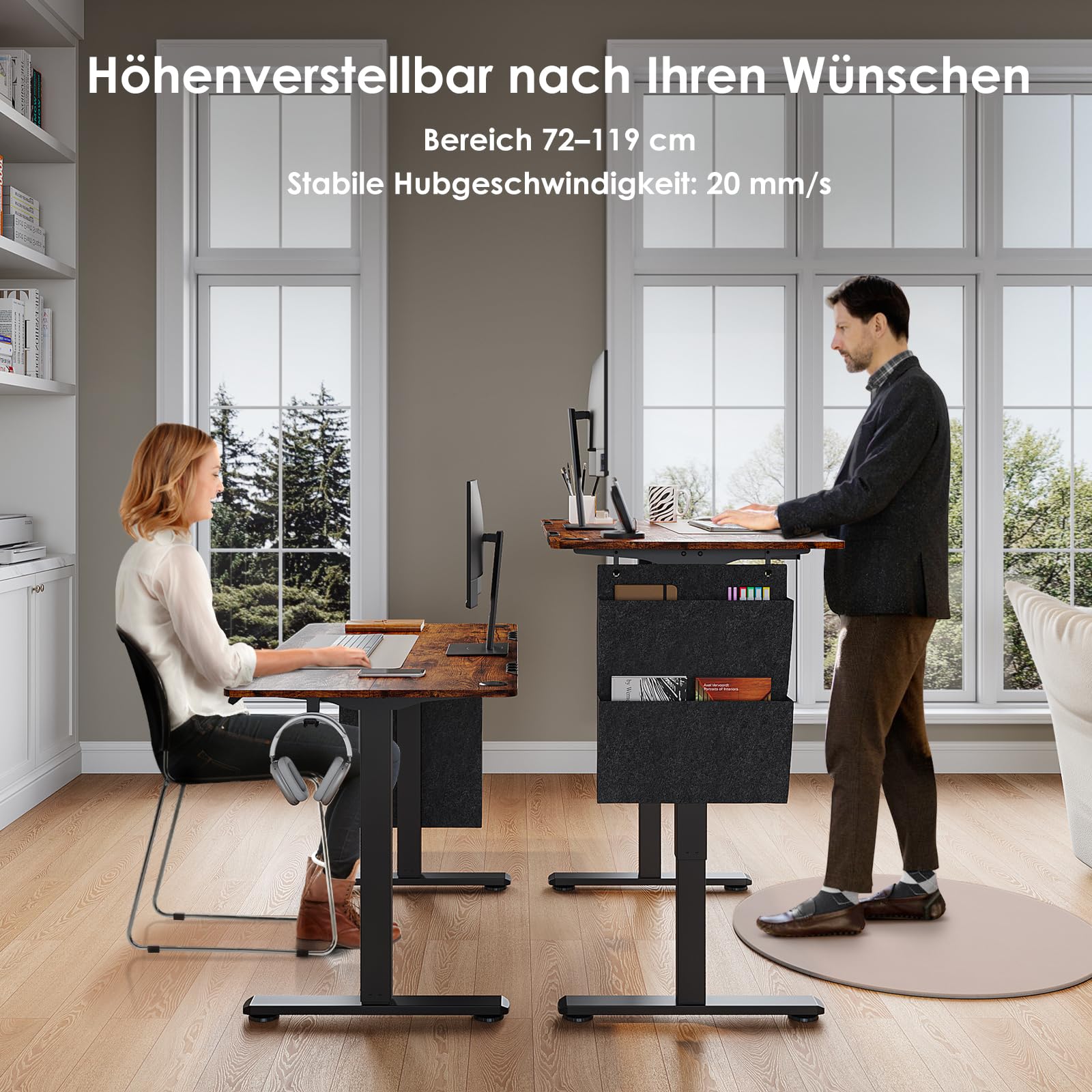 Schreibtisch Höhenverstellbar Elektrisch 120x60 cm, Braun | Steh-Sitz Tisch mit 3 Höhen Memory-Funktion, Verstellbarer Computertisch mit Schubladen für Heimbüro Studium