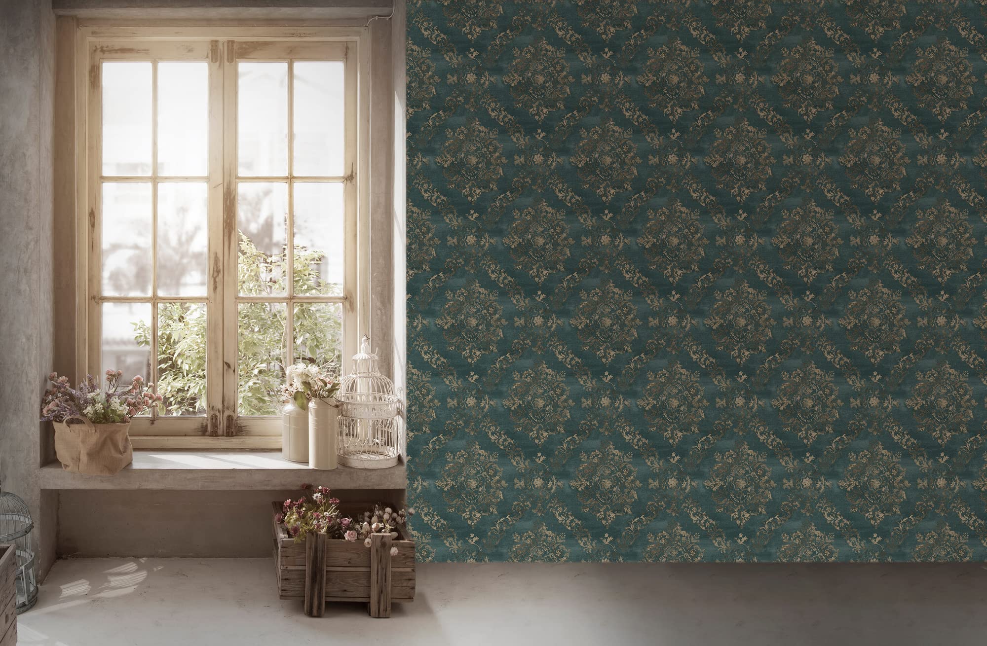 Livingwalls My Home My Spa barokowa tapeta niebiesko-beżowa 387073 do salonu, tapeta na flizelinie ornamenty, 10,05 x 0,53 m, wyprodukowano w Niemczech