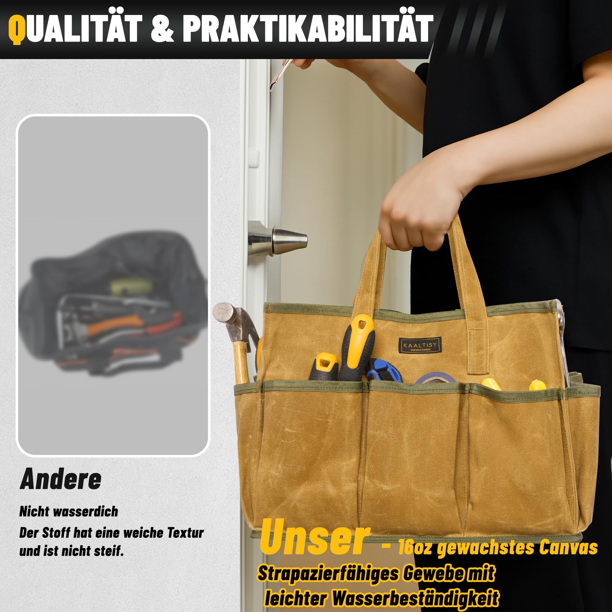 Bolsa de herramientas de lona encerada de 16 onzas, 1 bolsa de almacenamiento de herramientas de gran capacidad + 10 ranuras externas, multiusos, reutilizable, para jardinería, juego de carpintería,