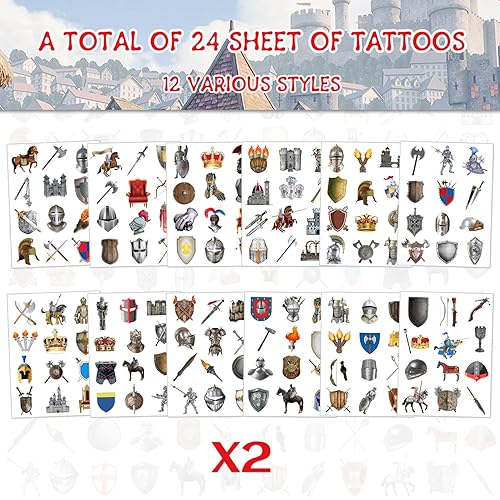 Miniatura 2 de 288 tatuajes temporales medievales de castillo de caballero, corona, castillos medievales, suministros de decoración para niños y adultos, disfraz