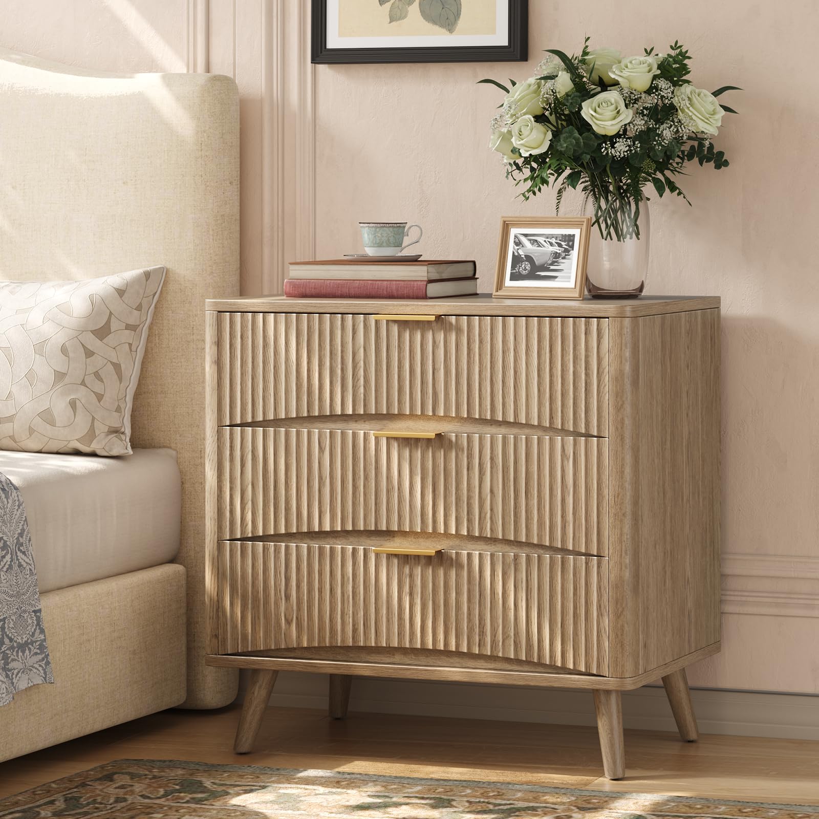 Evermagin 31.5" W Fluted Nightstand,Large Wood Bedside Table with 3 Drawers