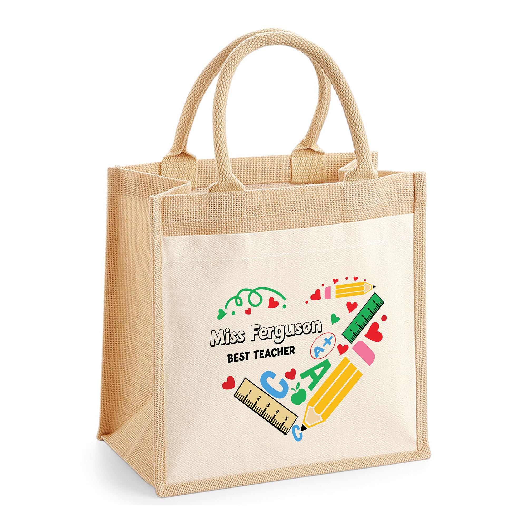 Chicken Craft Personalised Teacher Tote Bag with Name, Stationery Heart Design, Custom Jute Bag — image 1
