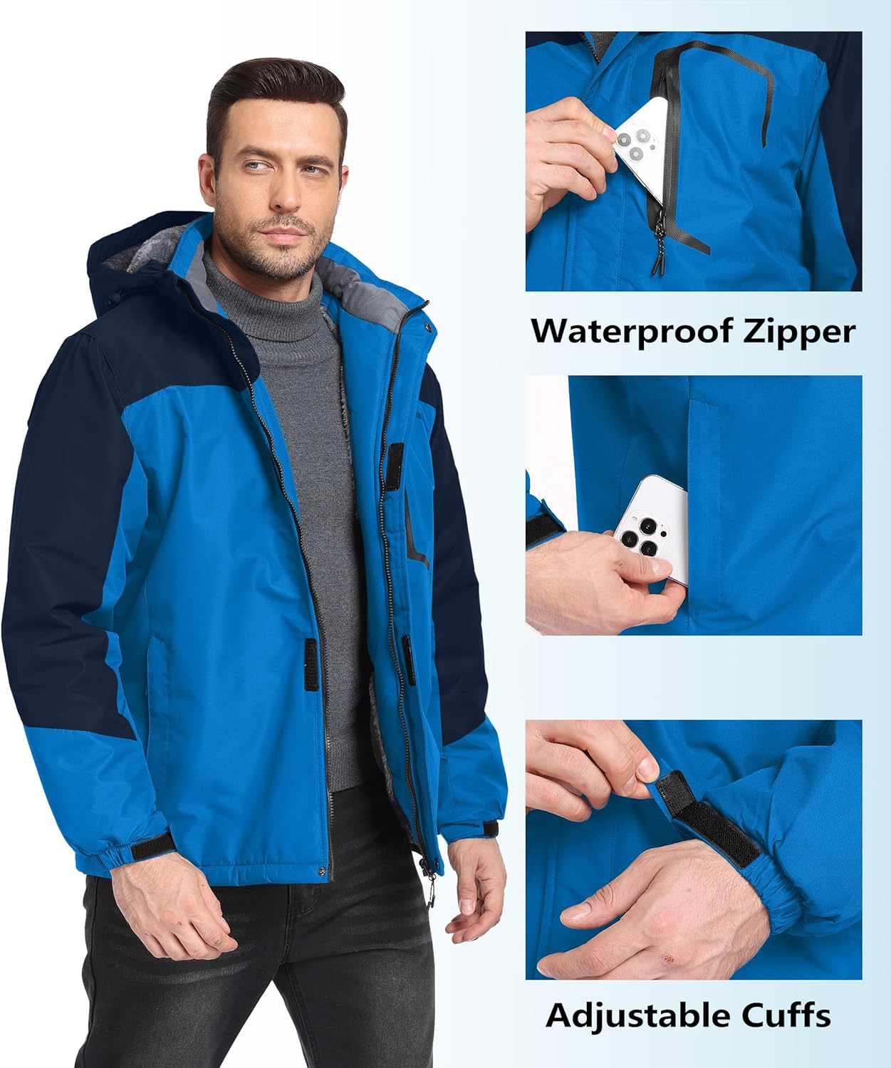 Mens Winter Jackets Waterproof Warm Fleece Ski Jacket with Hood Thermal Windproof Coat Zip Pockets - Image 3