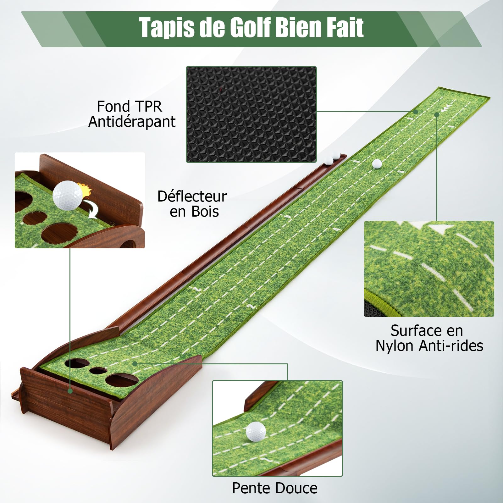 GOPLUS Tapis de Putting de Golf 1/2/3 Trous, Tapis d'Entraînement au Putting avec Retour Automatique de Balle, Guides d'Alignement, 3 Balles de Golf, pour Maison/Bureau