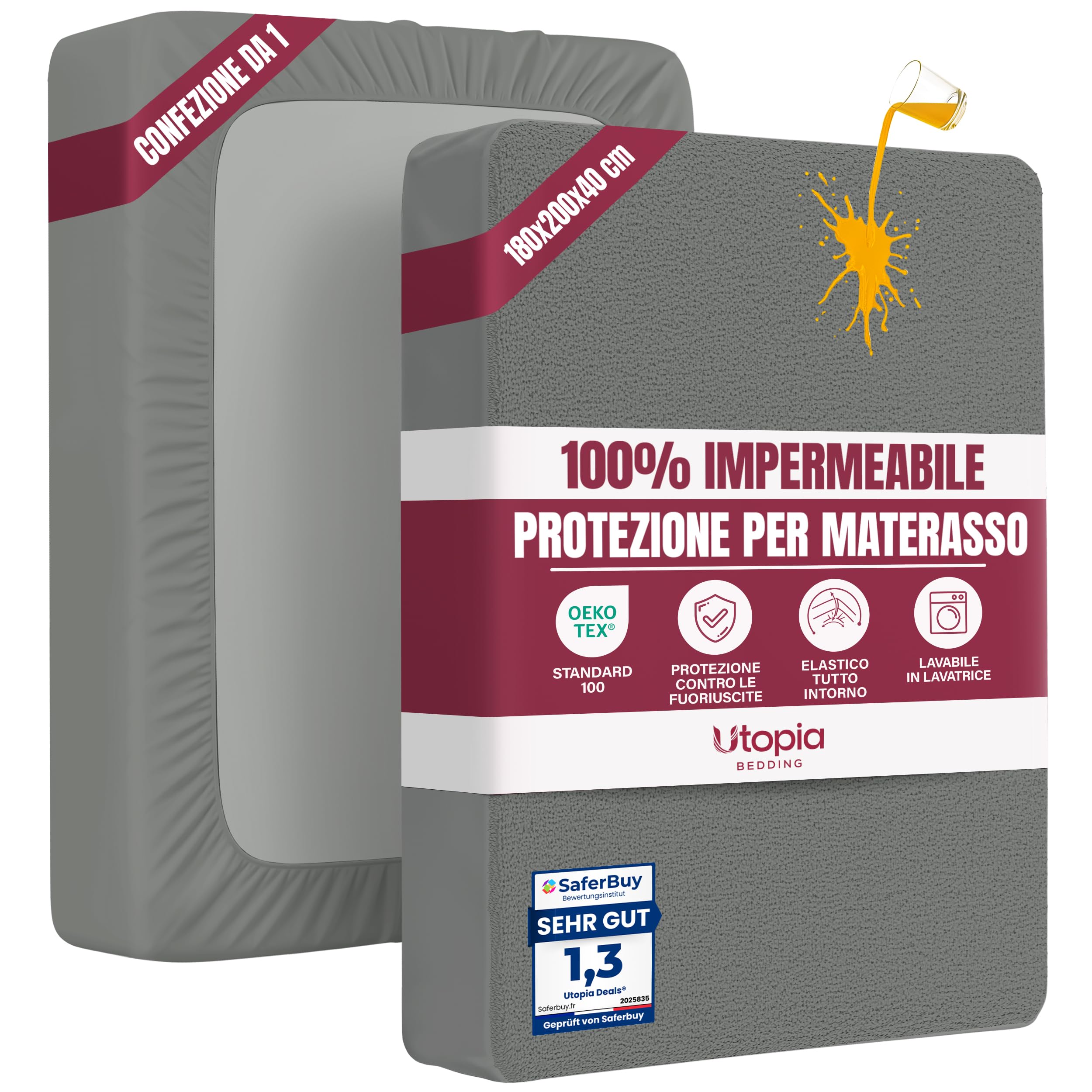 Utopia Bedding Coprimaterasso Matrimoniale Impermeabile 180 x 200 x 40 cm, Certificato OEKO-TEX, Proteggi Materasso, Traspirante, Lavabile, Stile Montato Tutto Intorno Elastico Grigio