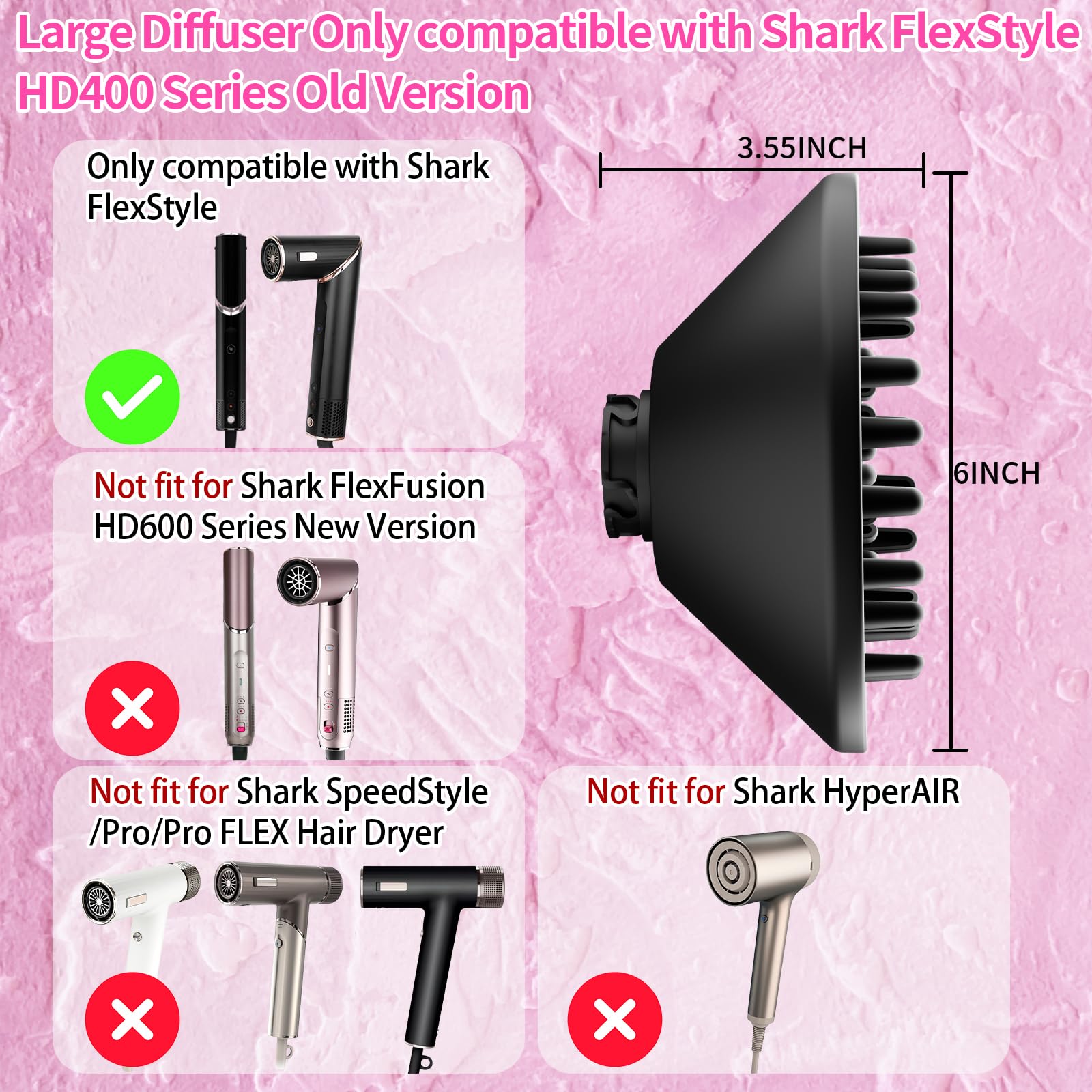 Difusor grande de 6 pulgadas para fijación estilo Shark Flex, difusor de cabello más grande mejorado compatible con Shark FlexStyle, accesorio difusor de secado rápido definición de rizos para 3