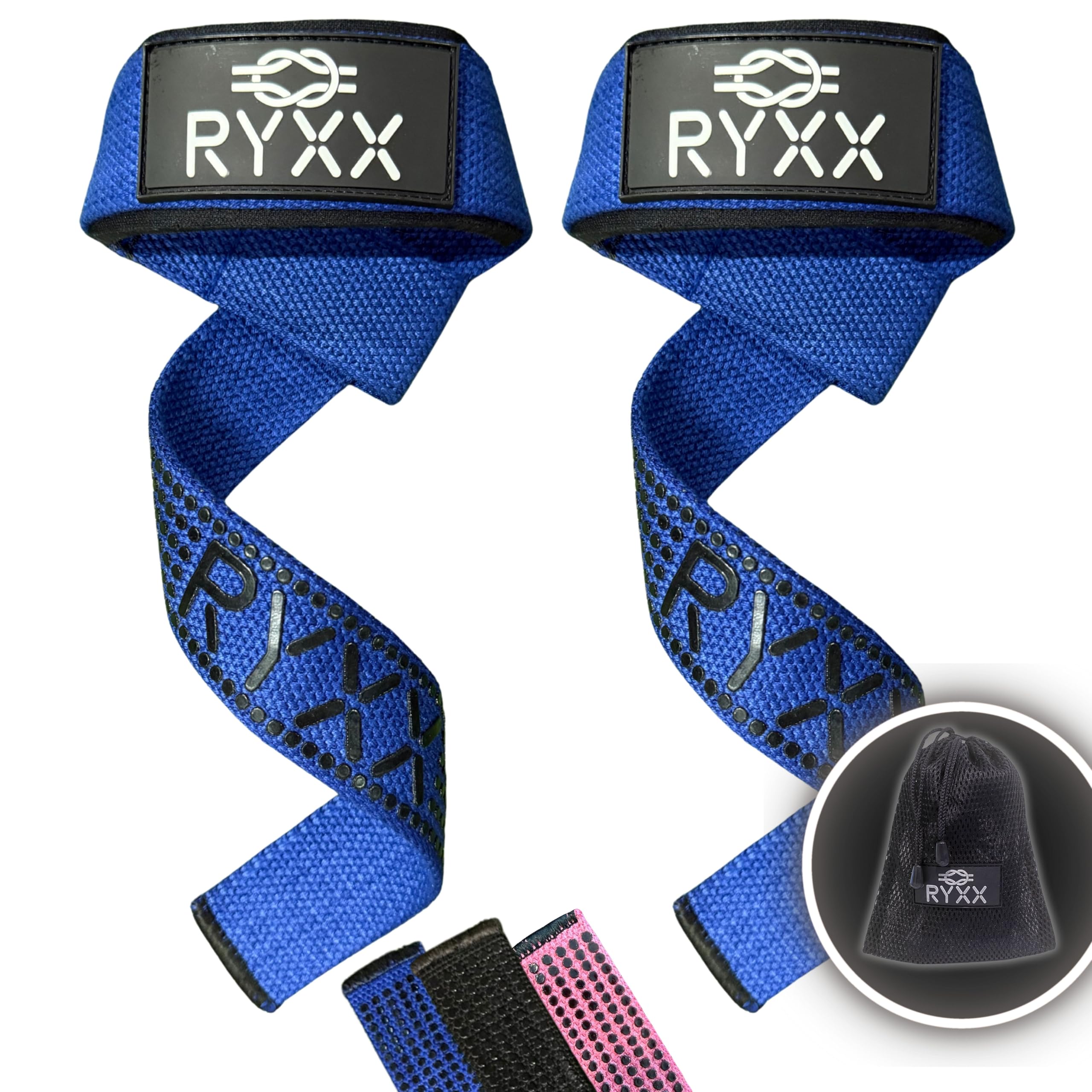 RYXX Weightlifting Straps with Rubber Grip & Neoprene Padding | Heavy-Duty Cotton Gym Straps for Deadlifts | Wrist Support for Strength Training, Powerlifting & CrossFit | Includes Carry Bag (Blue)