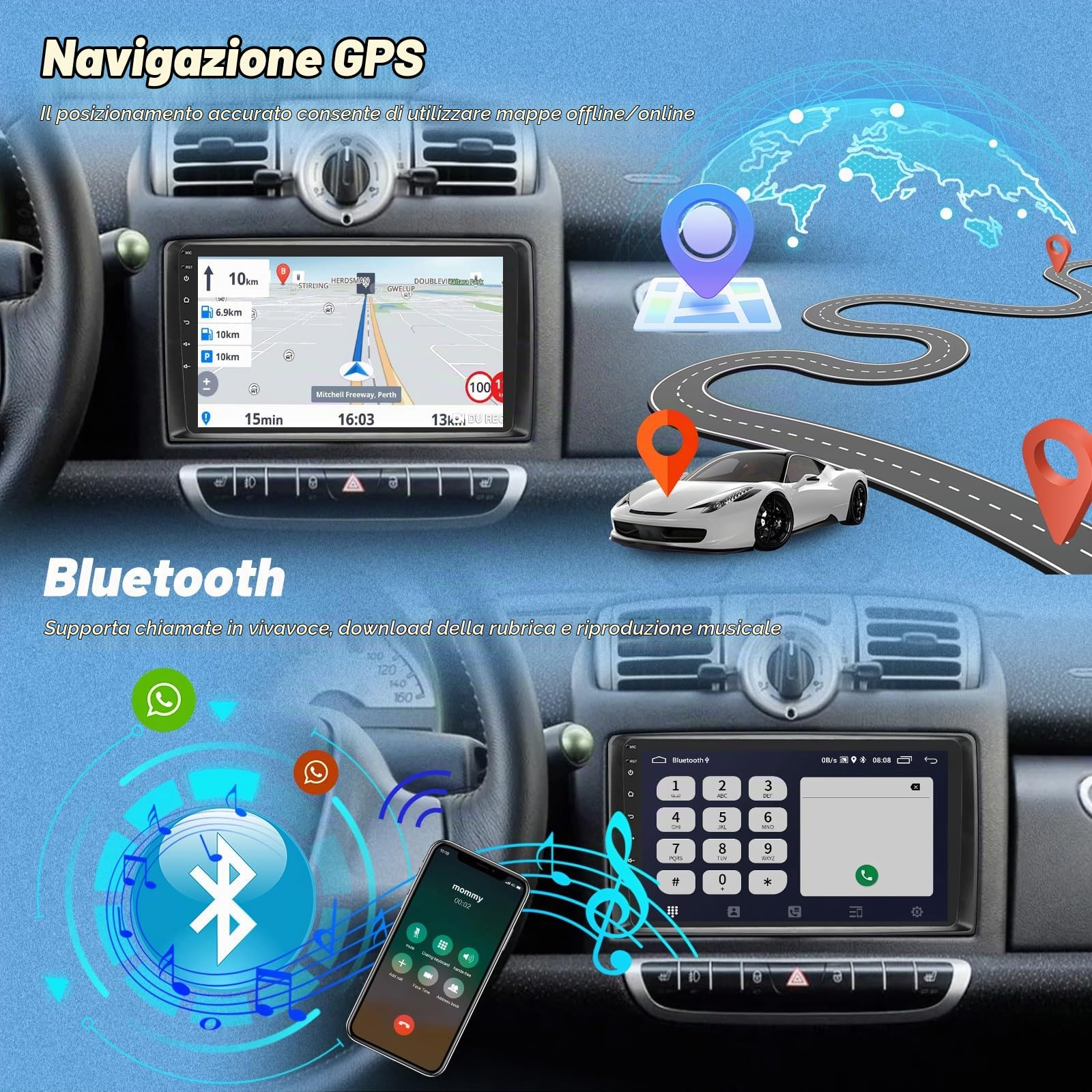 Autoradio per Mercedes Benz Smart Fortwo 2005-2010+Carplay e Android Auto | [2G+64G] Android Autoradio Touch Screen HD da 9 pollici con Senza Fili Carplay e Android Auto/ GPS/WiFi/Bluetooth/EQ/FM RDS