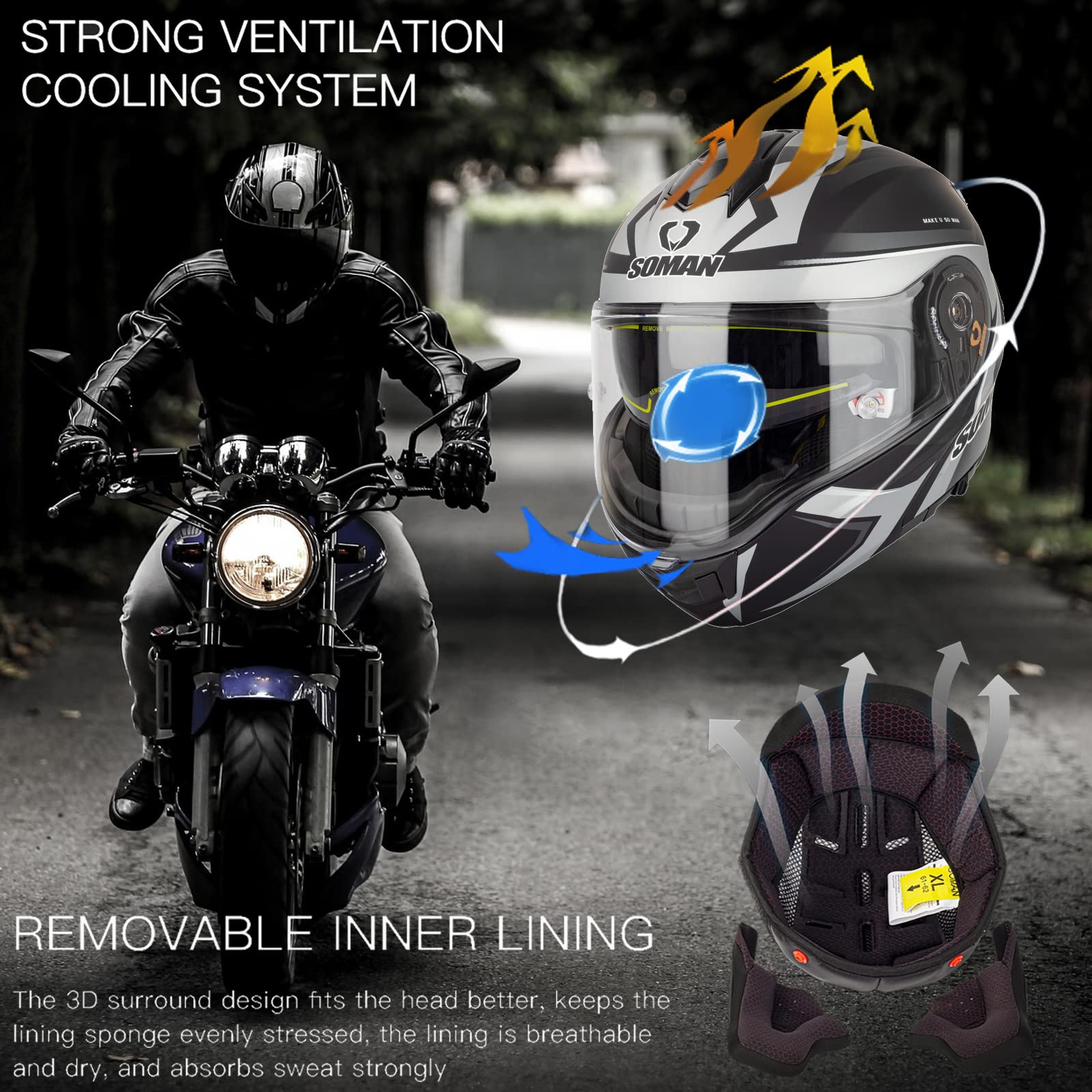 Dual Visor Motorcycle Helmet Flip Up Modular Full Face Helmet DOT/ECE Approved Modular Motorcycle Moped Street Crash Helmet Men Women,Flip Up Front - View #9