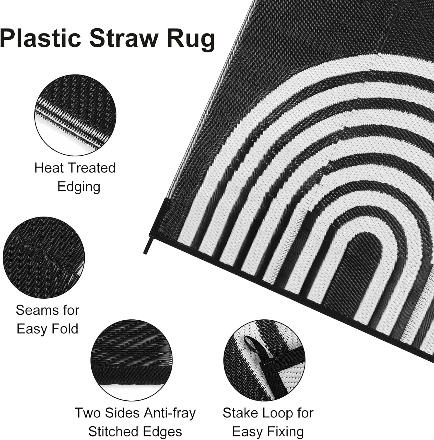 Anidaroel Outdoor Area Rug for Patio Clearance 5x8ft Waterproof, Reversible Plastic Straw Rug Outside Rug, UV Resistant RV Mat for Camping, Porch, Balcony, Pool Deck(Black&White, 5‘x8')
