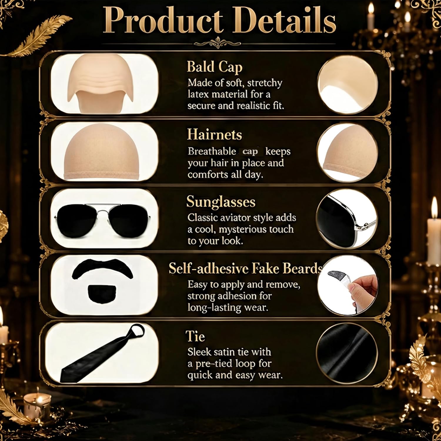 6 PCS Bald Cap Halloween Costume Set with Sunglasses, Fake Beards and Tie for Women Men Dress Up Accessories