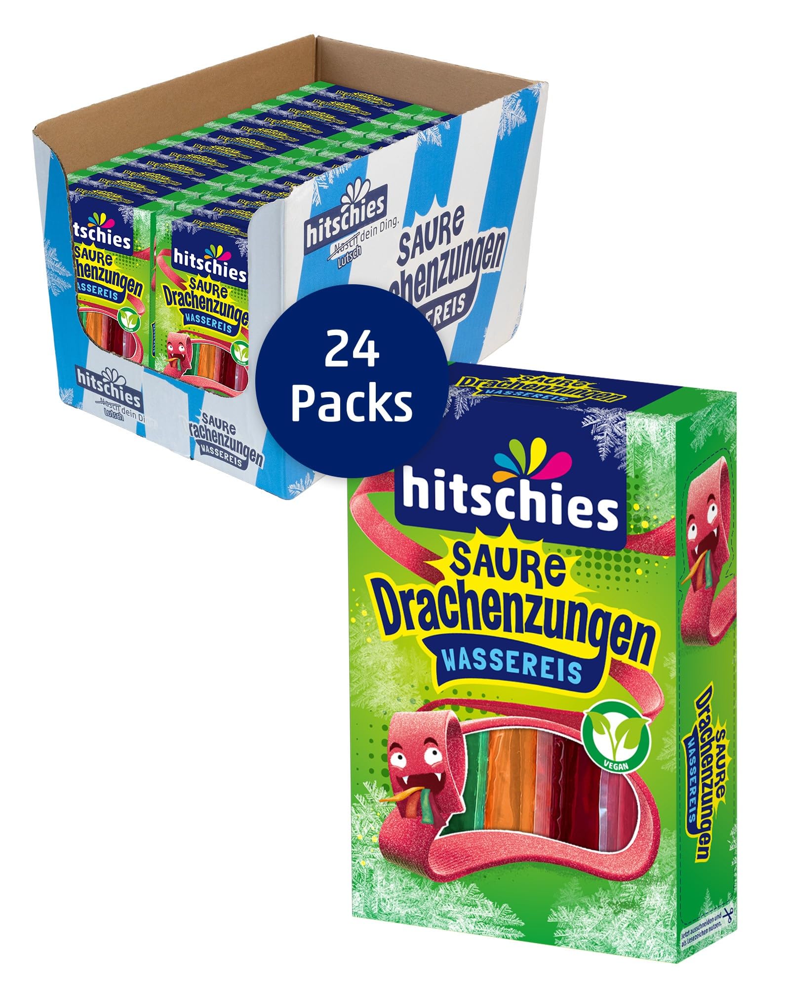 hitschies Saure Drachenzungen Wassereis - Fruchtig-saures Wassereis - Erdbeere, Apfel, Pfirsich & Kirsche - Vegan - 24 x 400ml