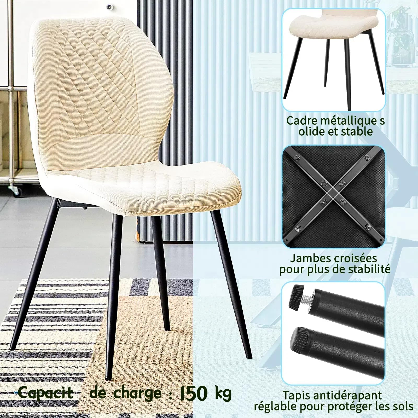 JIJIAN Lot de 6 chaises de salle à manger, de cuisine, de salon, rembourrées, ergonomiques en lin, pour salle à manger, cuisine, chambre à coucher, réception, beige
