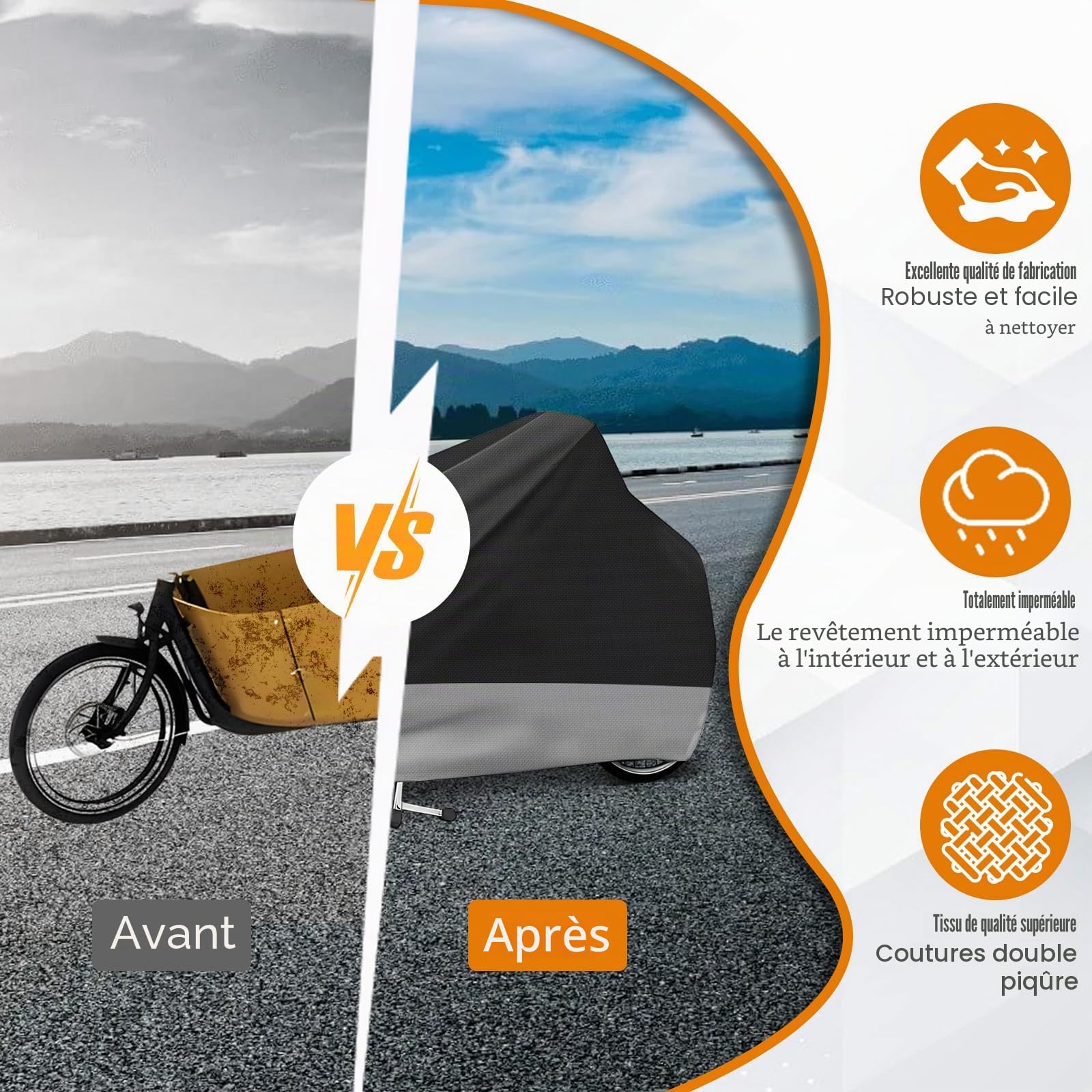 WingFly Housse de Protection pour Vélo Cargo en Tissu Oxford 420D - Imperméable, Résistant aux UV, Indéchirable, 285 * 65 * 115 cm