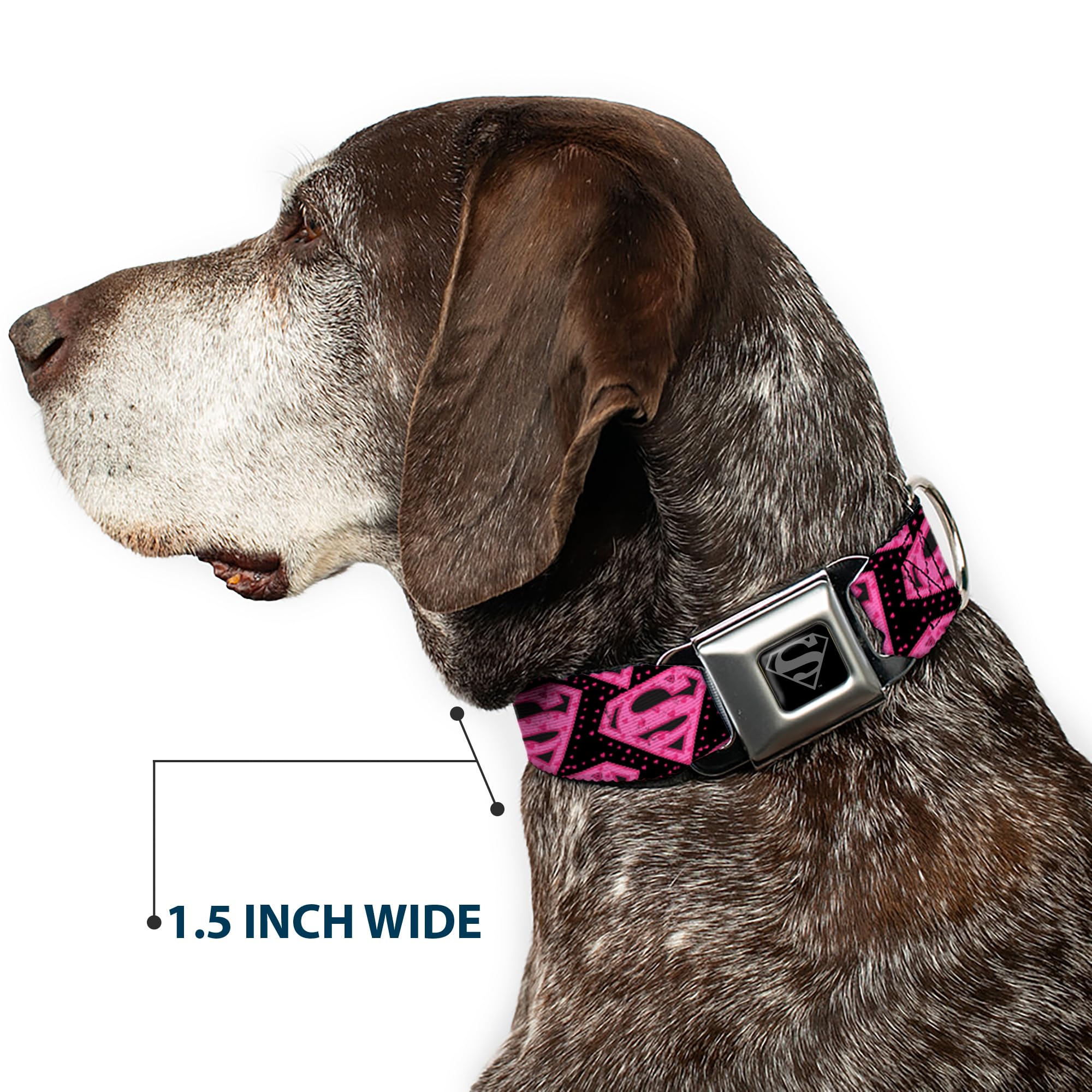 Buckle-Down Klamra pasa bezpieczeństwa obroża dla psa - ukośne logo Supermana z sercami czarne/różowe - szerokość 3,8 cm - pasuje na szyję 40-58 cm - rozmiar M