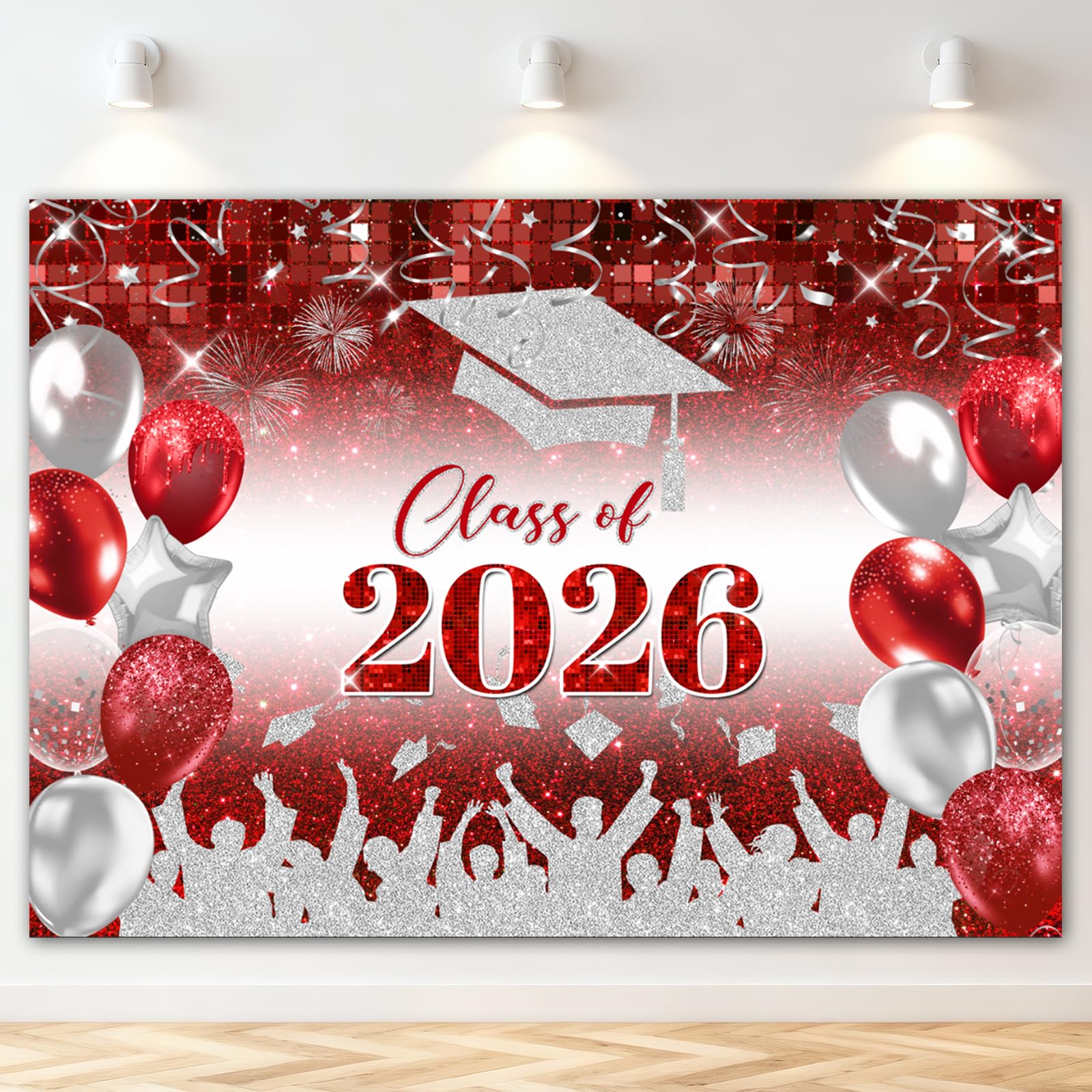 Mocsicka Red Silver Class of 2026 Backdrop Graduation Caps Congrats Grad Celebration Photography Background Graduation Prom Party Decor Supplies Photo