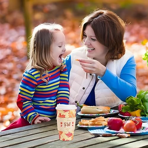 Miniatura 5 de Paquete de 48 tazas de café desechables de otoño de 16 onzas con tapas y fundas de hojas de arce para llevar, tazas de café de papel para cosecha,