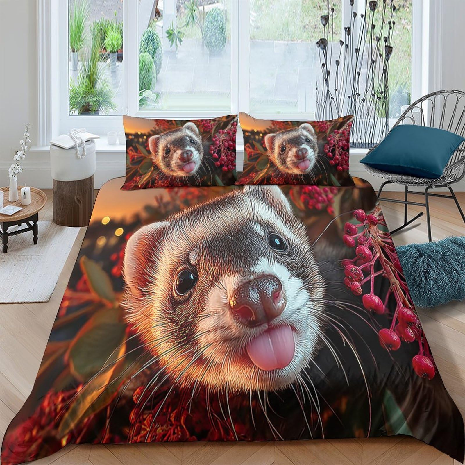 GPLZQXKJNH 3D Printed Cute Ferret Duvet Cover Microfiber Soft Breathable Autumn Leaves Bedding Set with 2 Pillowcases for Bedroom Decor Single（135x200cm）