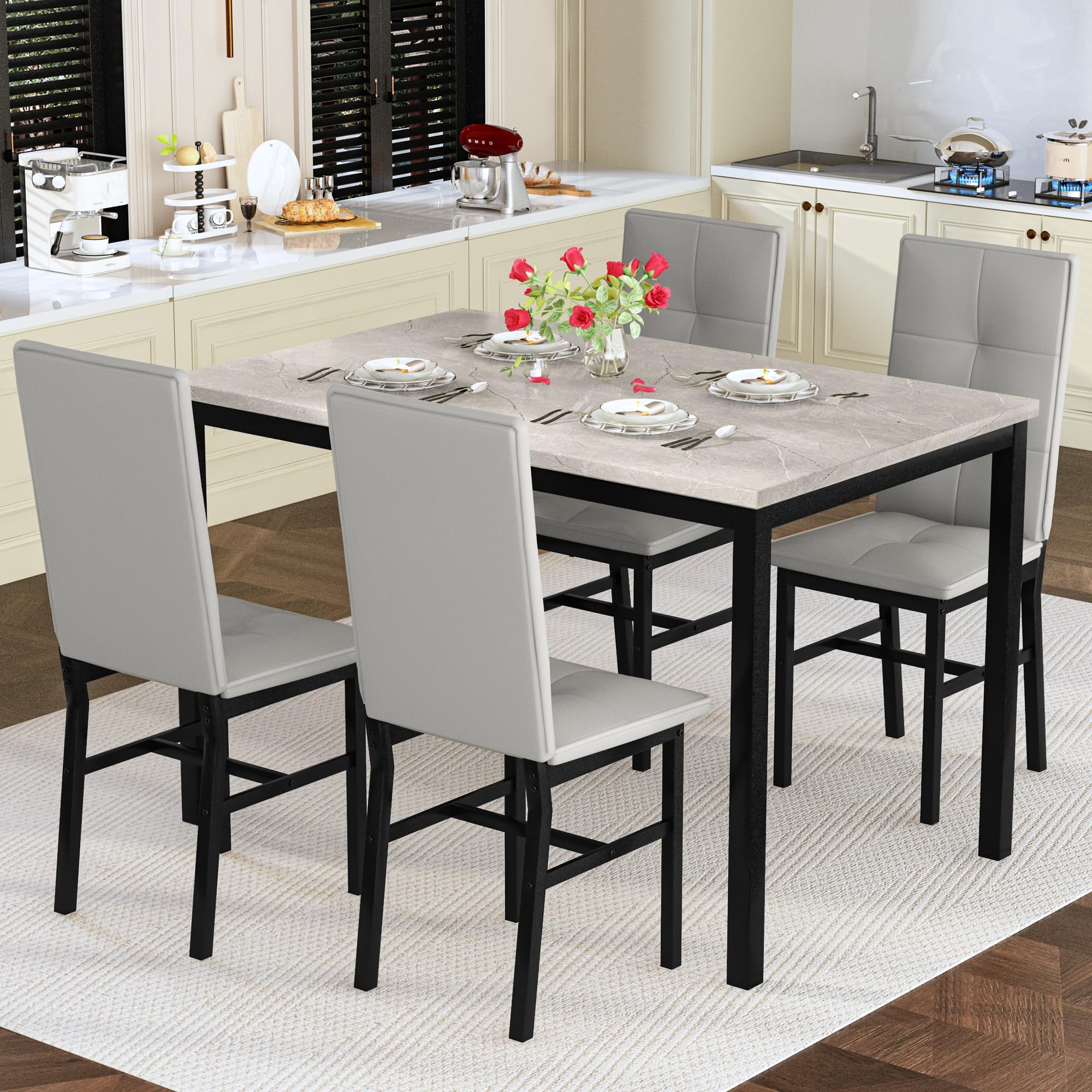 Hooseng Dining Table Set for 4, Faux Marble Small Kitchen Table with 4 PU Leather Chairs, Grey