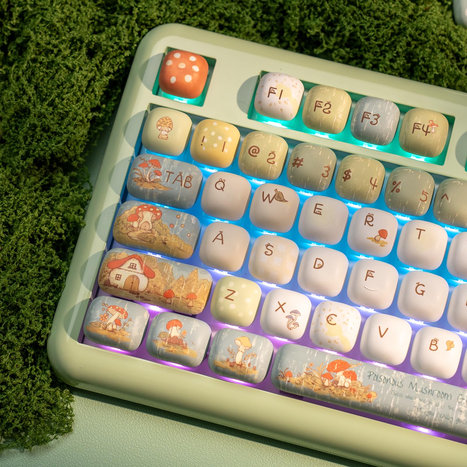KiiBoom Little Shroom Pack - Set di copritasti, profilo MOG, 5 tasti, PBT stampato, 140 tasti, compatibile con Alice, 60%, 65%, 75%, TKL, 96%, formato standard, layout ANSI (pioggia)