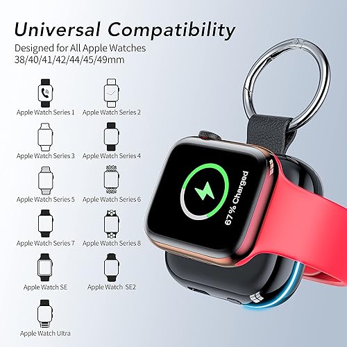 Miniatura 5 de HUOTO - Cargador portátil para Apple Watch, cargador magnético inalámbrico para iWatch de 1200 mAh, batería externa para viajes, llavero, Negro